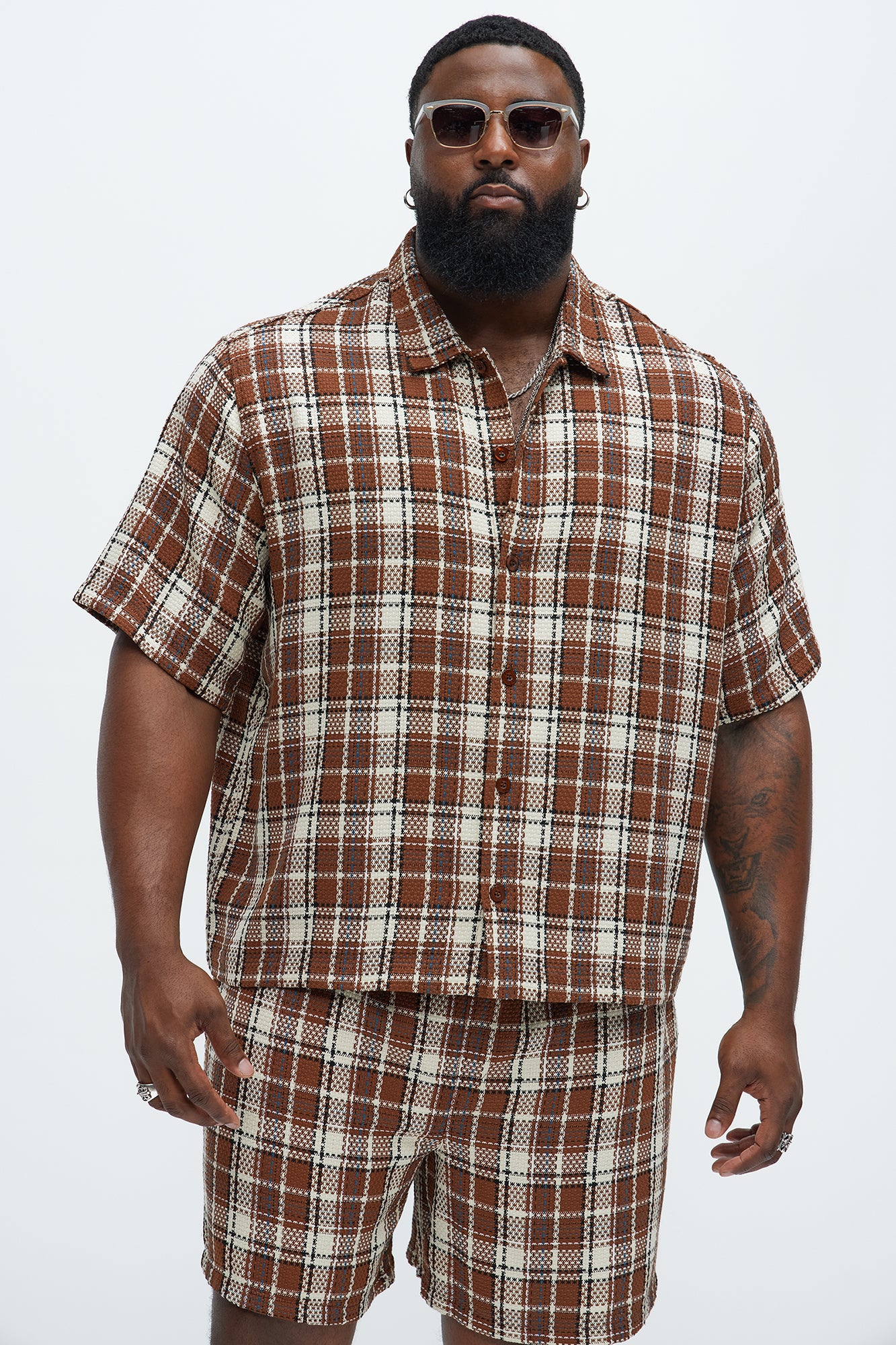 Plaid Basket Weave Cropped Button Up Shirt - Brown Combo - Image 5