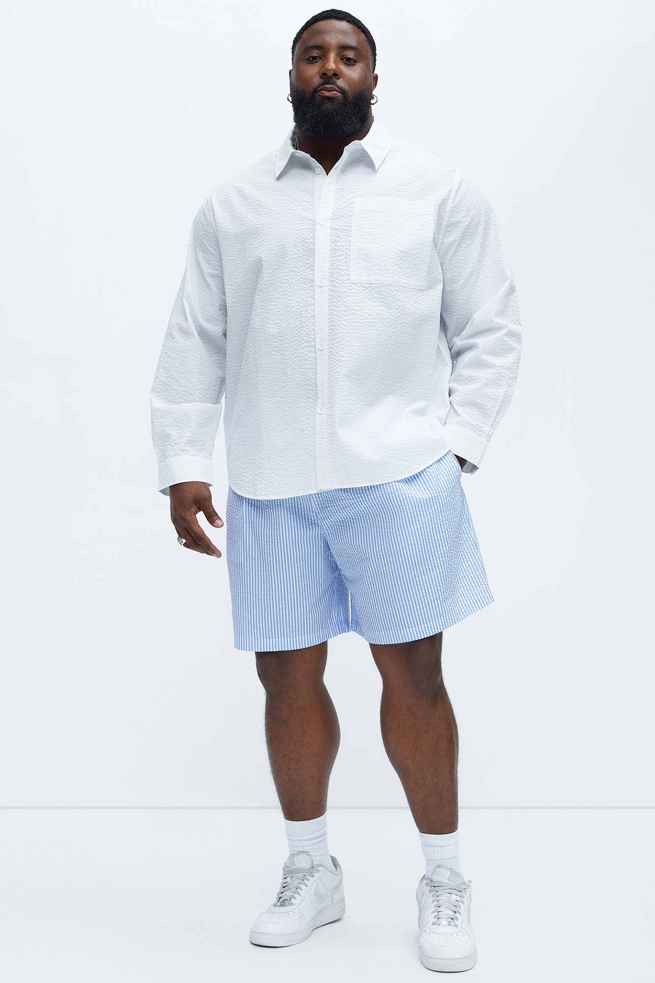 Seersucker Long Sleeve Button Up Shirt - White - Image 7