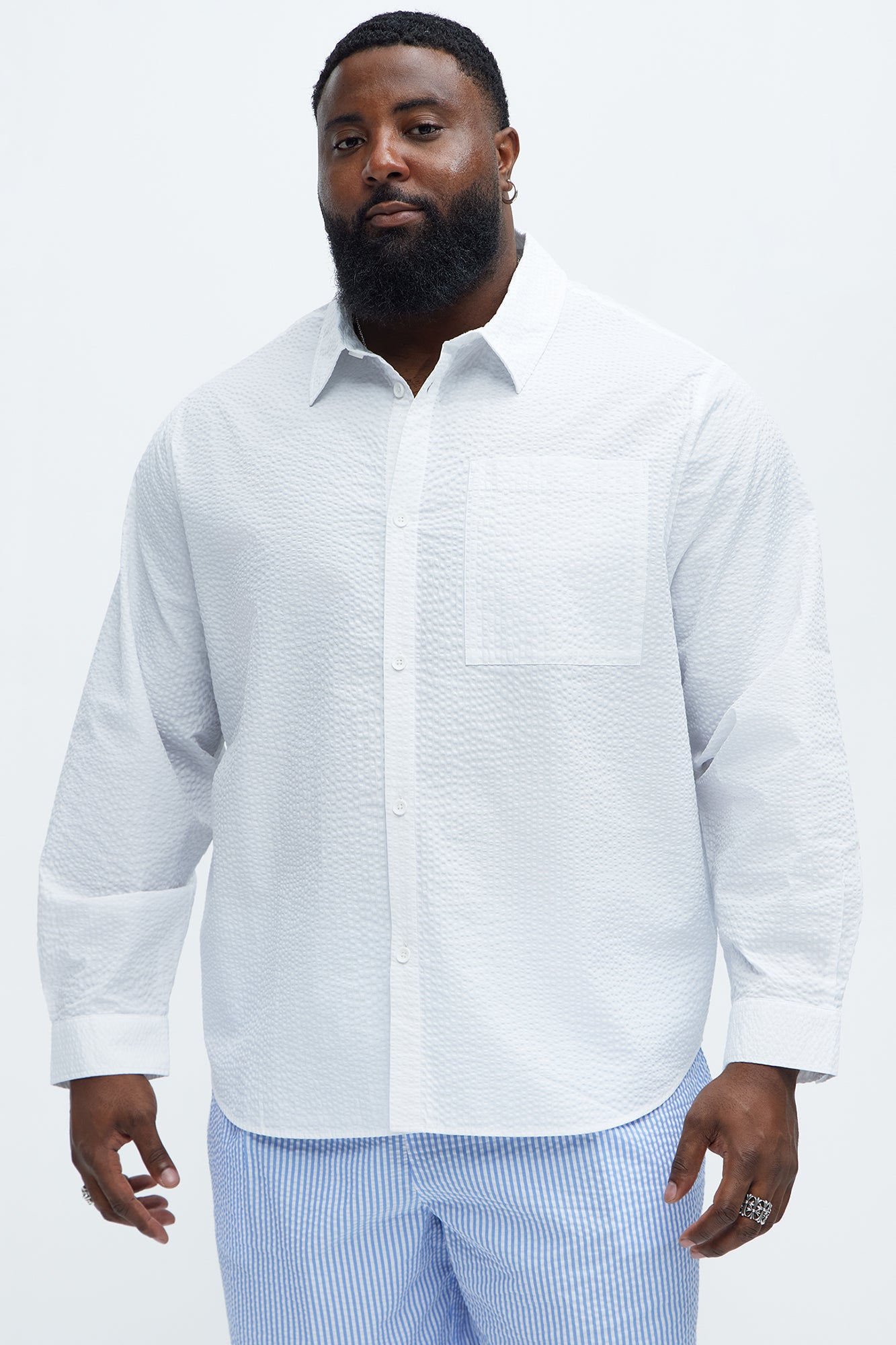 Seersucker Long Sleeve Button Up Shirt - White - Image 6