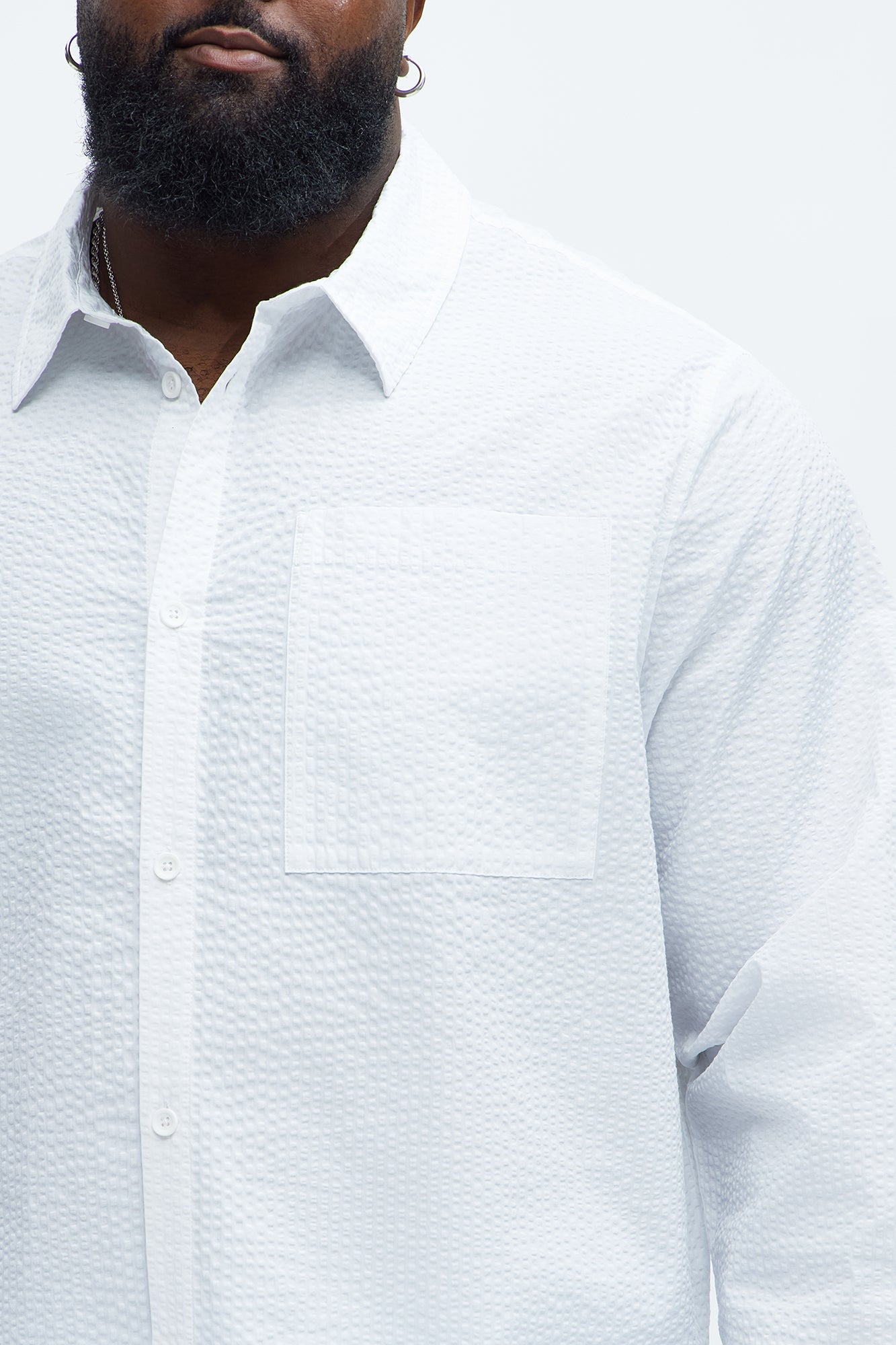 Seersucker Long Sleeve Button Up Shirt - White - Image 8