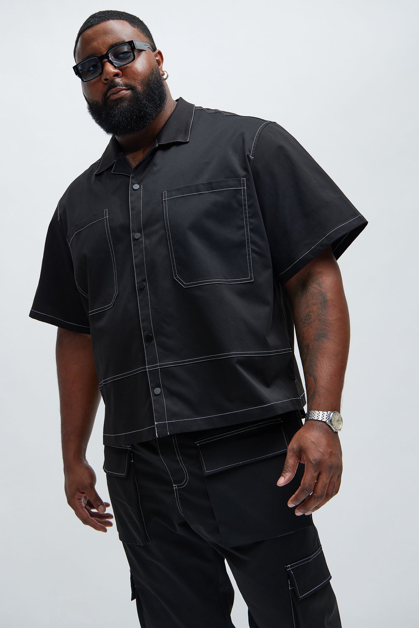 Curtis Contrast Stitch Boxy Shirt - Black - Image 4