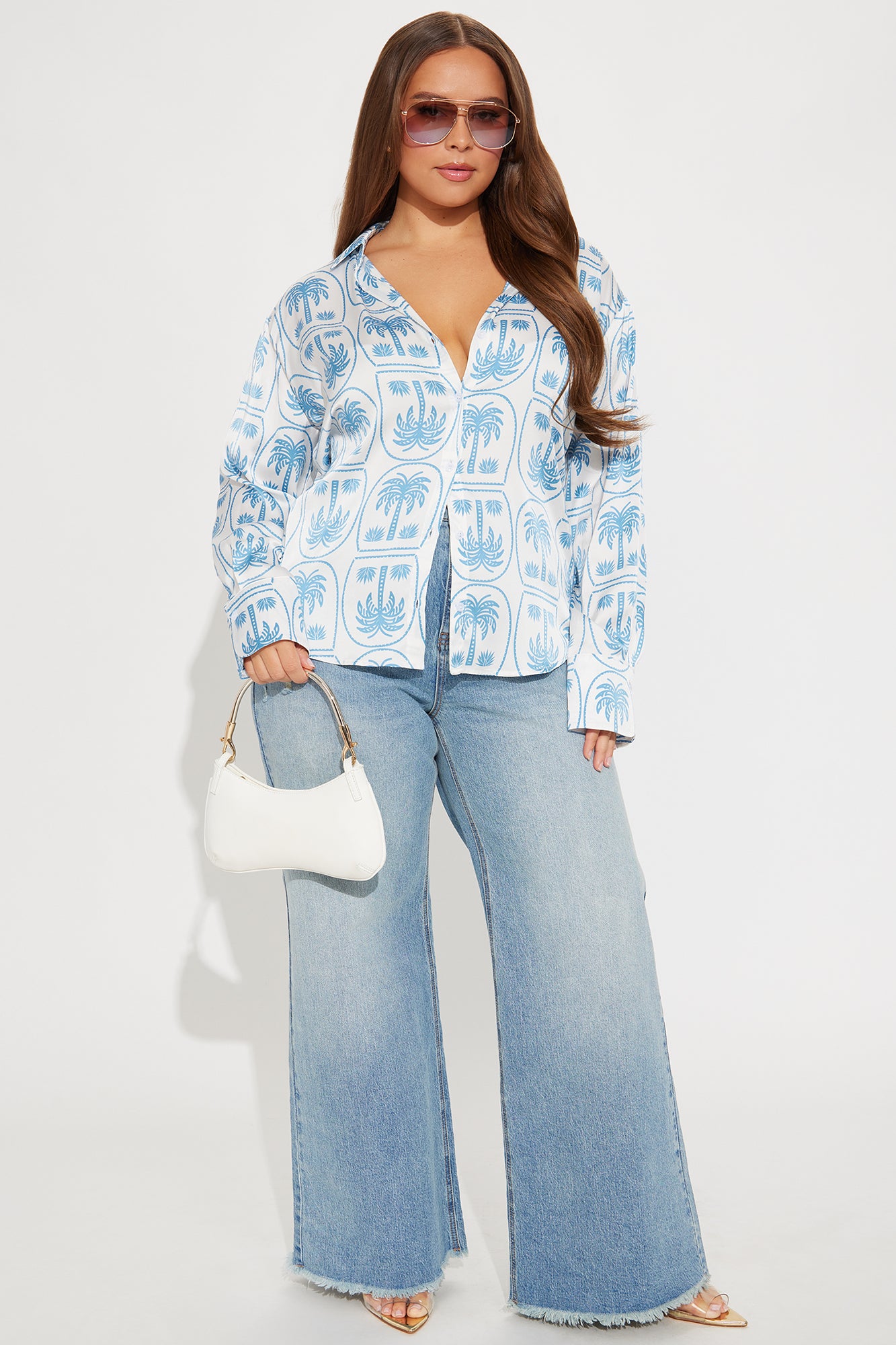 Coastal Palms Satin Shirt - White/Blue - Image 4