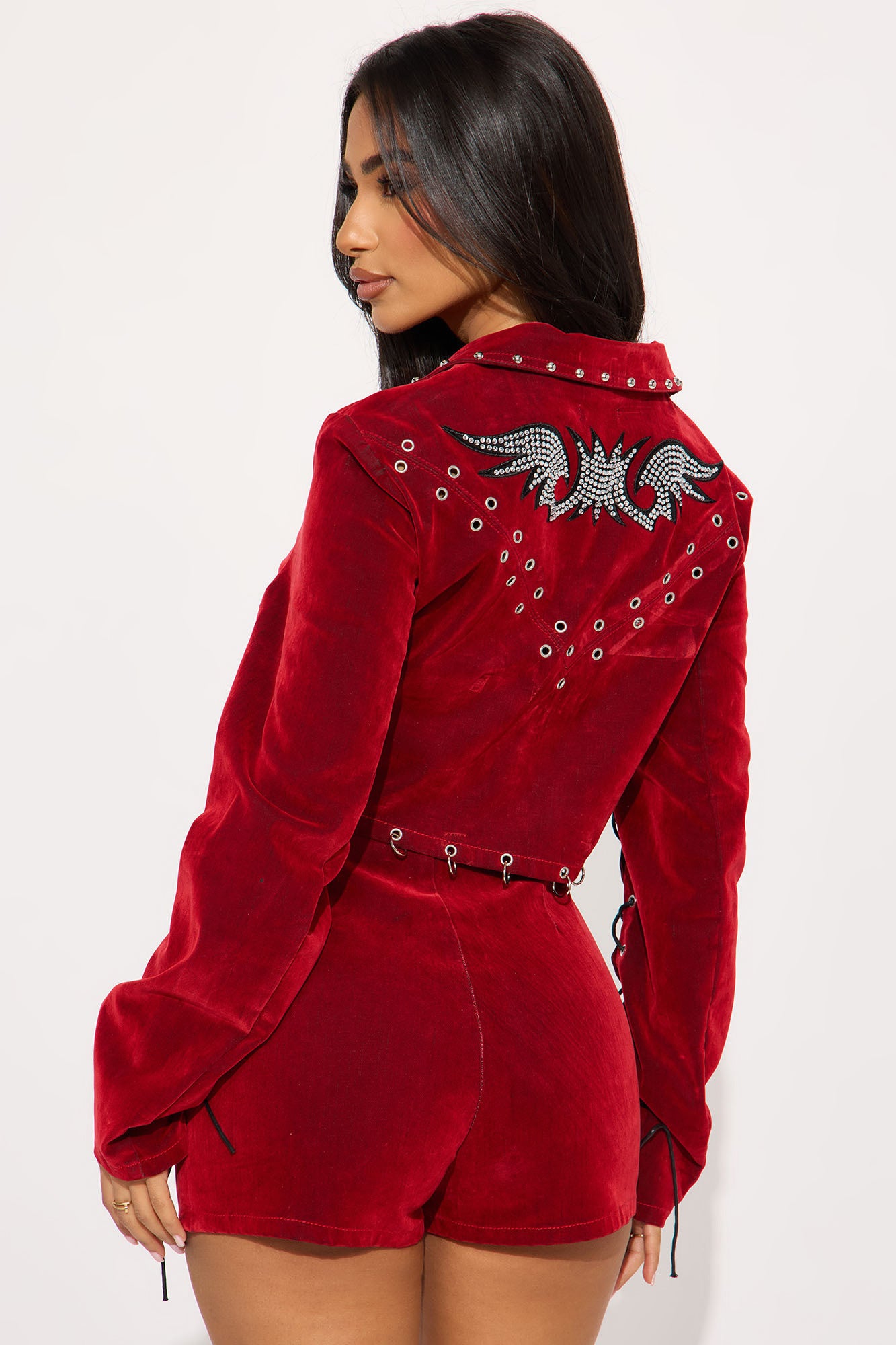 Festival Headliner Embellished Flocked Bolero Denim Jacket - Red - Image 3
