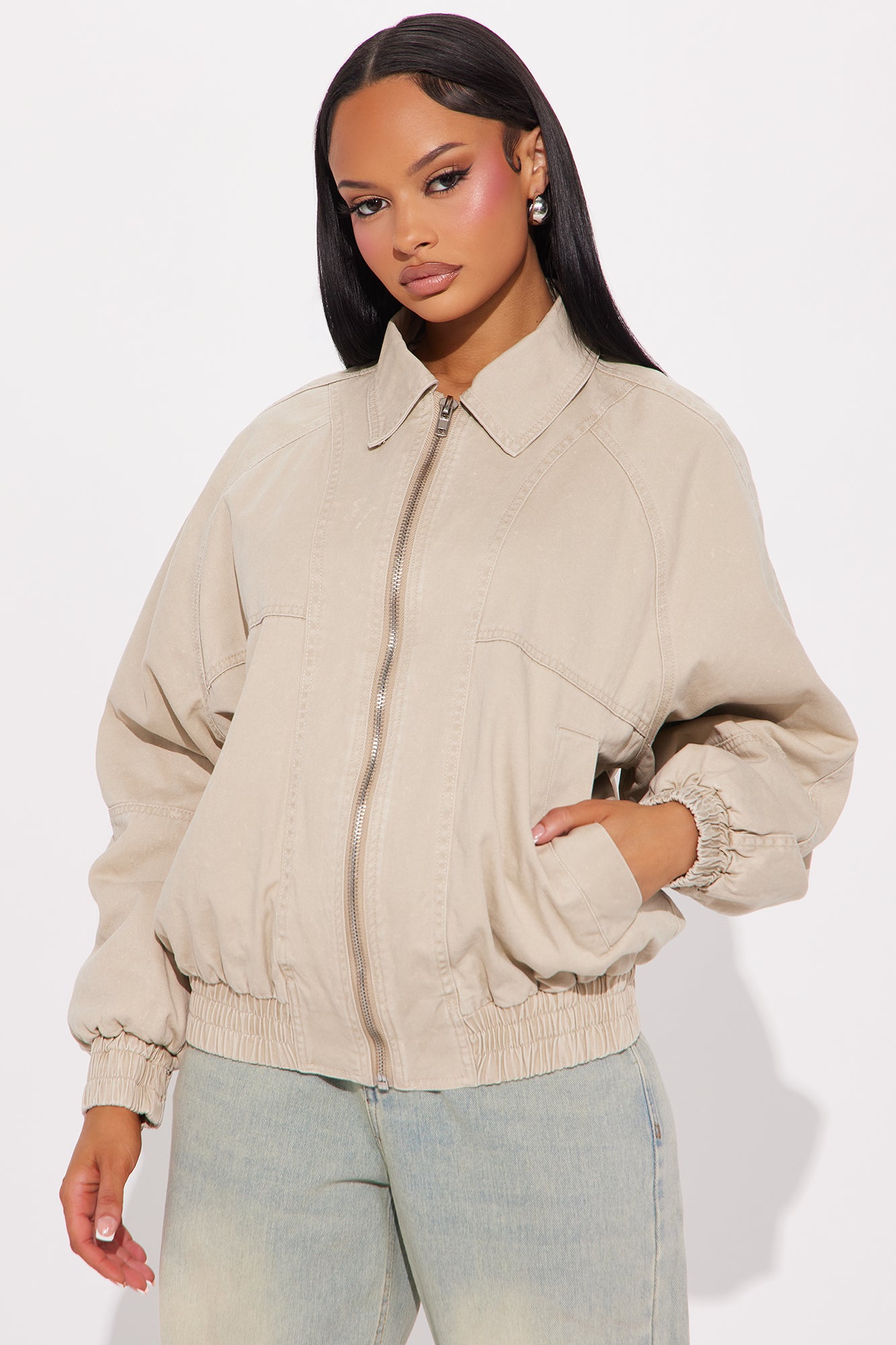 Make Time Oversized Washed Bomber Jacket - Tan - Image 3