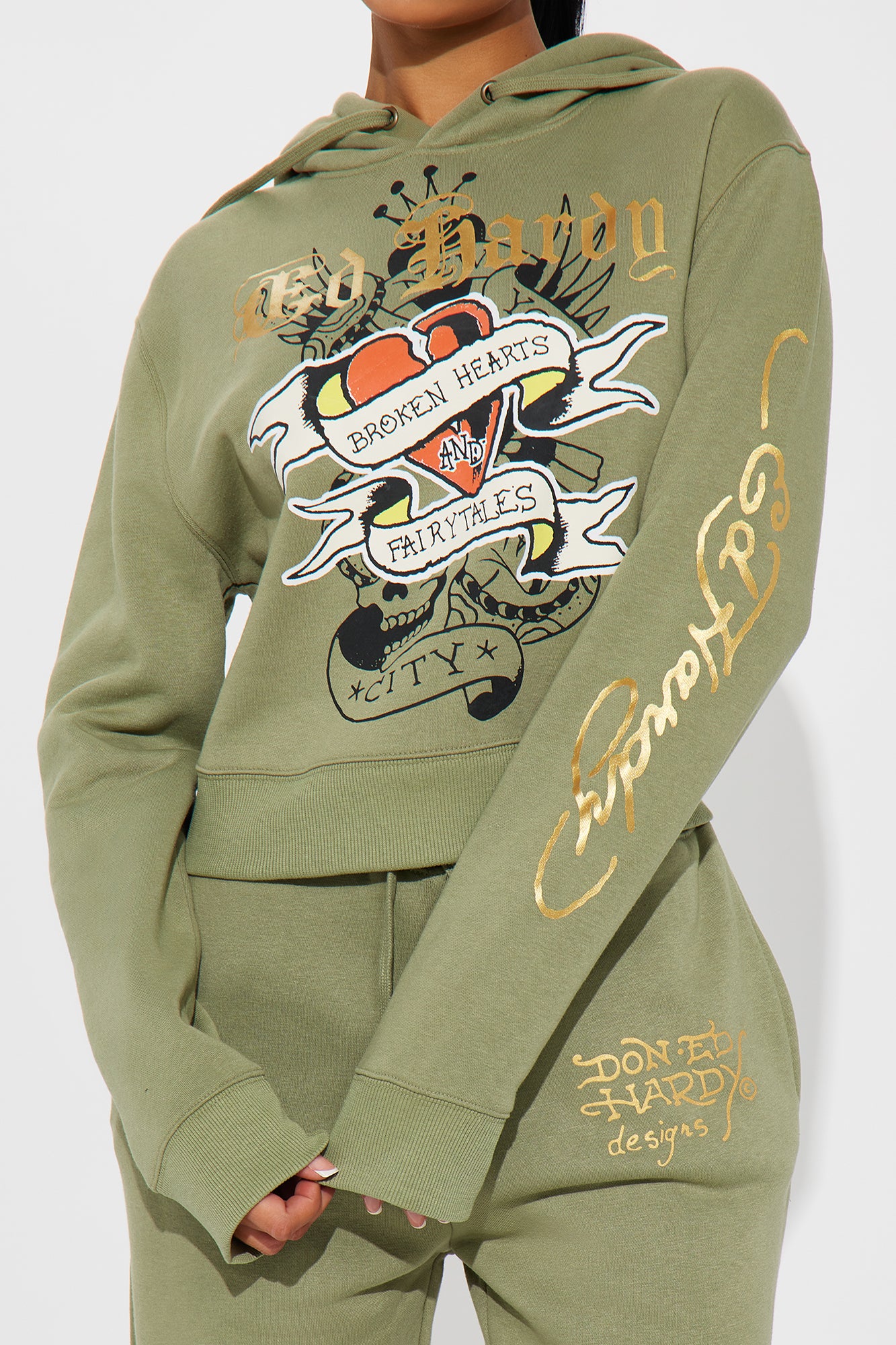 Ed Hardy Broken Hearts Cropped Hoodie - Sage - Image 3