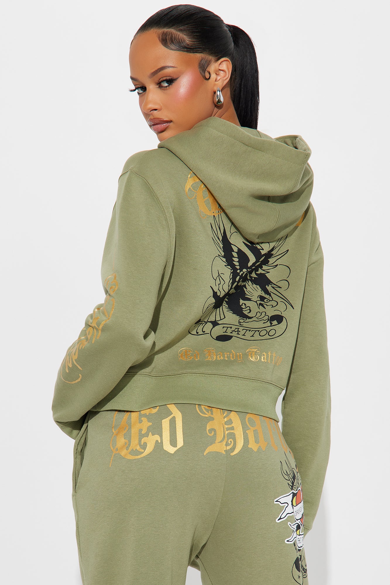 Ed Hardy Broken Hearts Cropped Hoodie - Sage - Image 4