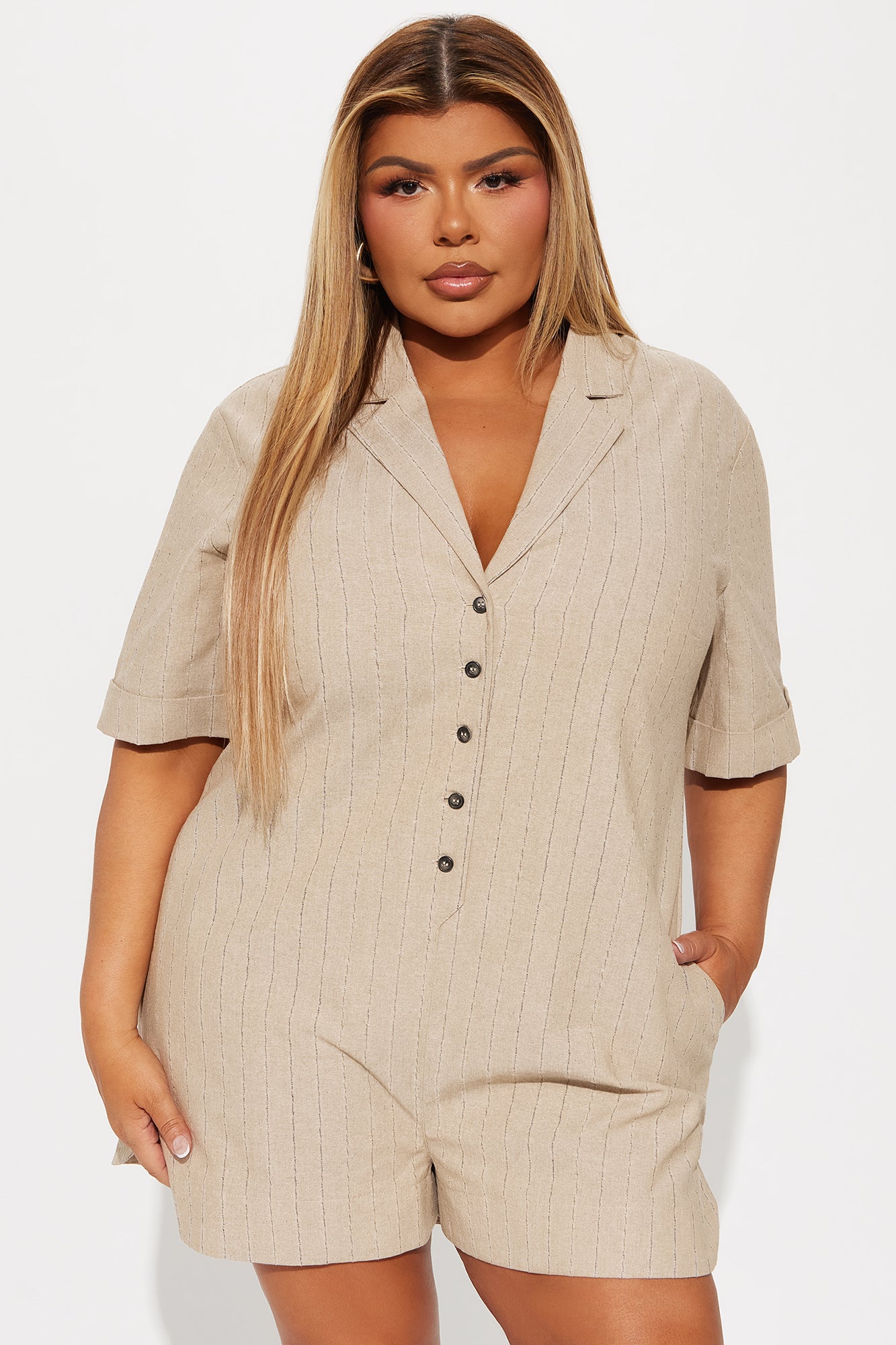 Living Good Linen Romper - Taupe - Image 5