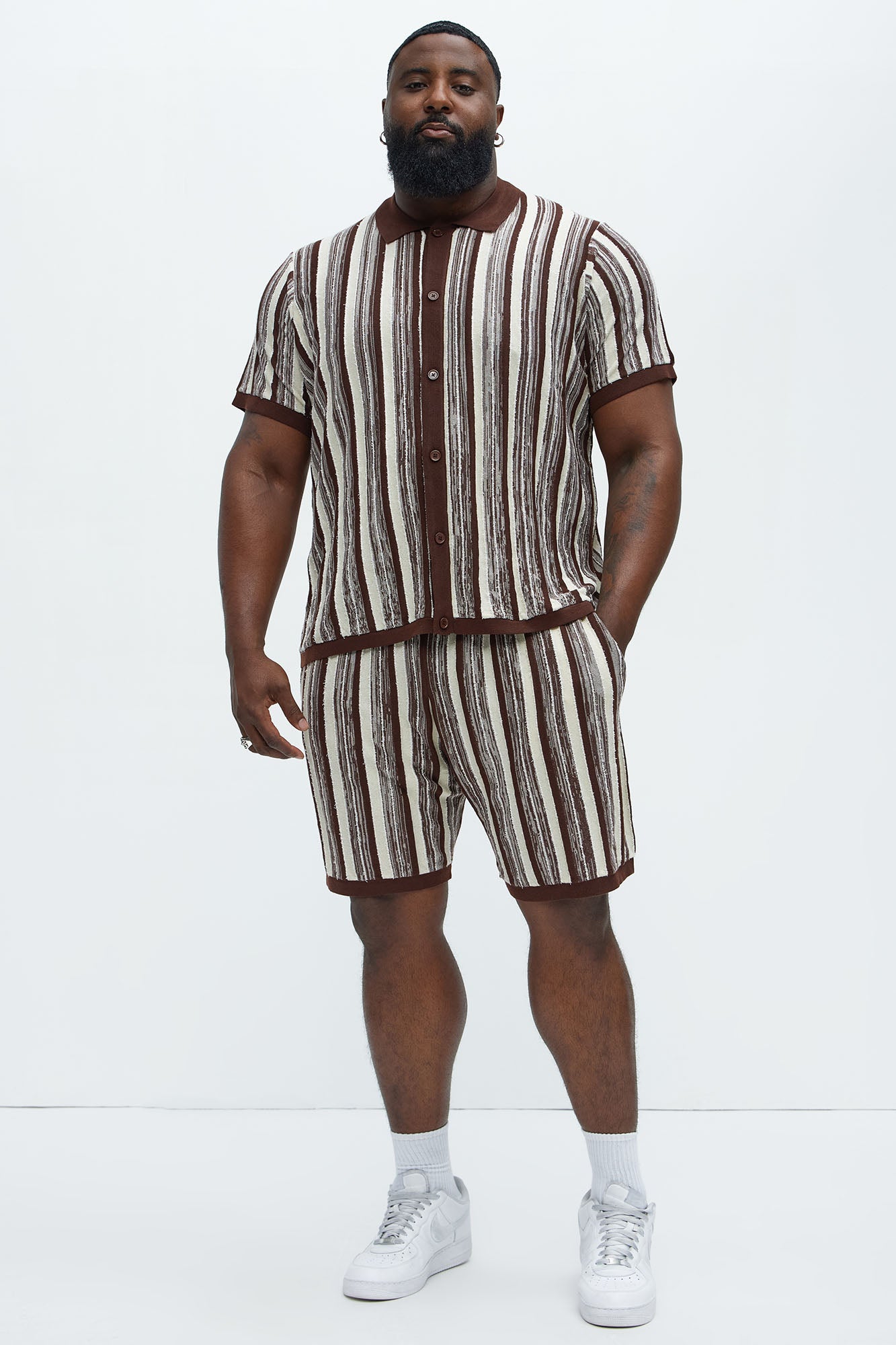 Textured Stripes Knitted Shirt - Brown Combo - Image 6