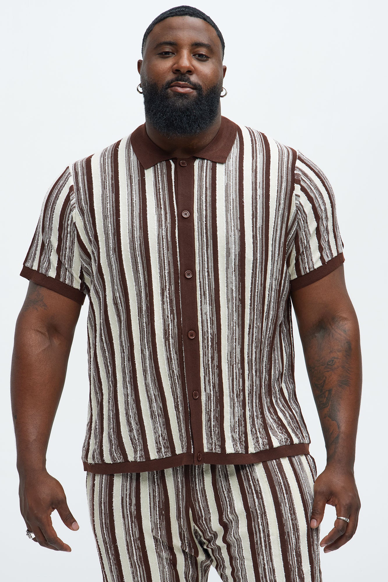 Textured Stripes Knitted Shirt - Brown Combo - Image 5