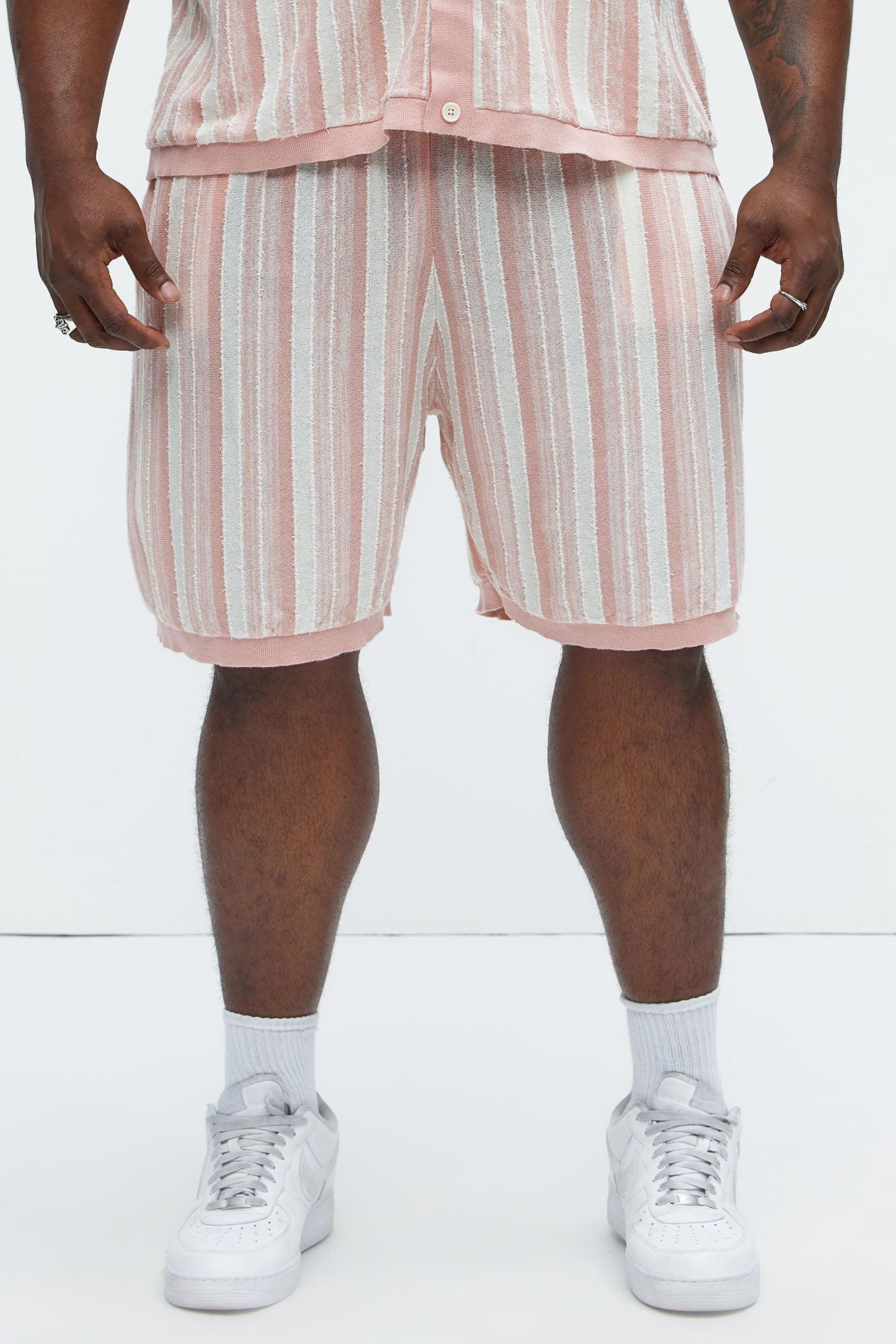 Textured Stripes Knitted Shorts - Mauve/combo - Image 6