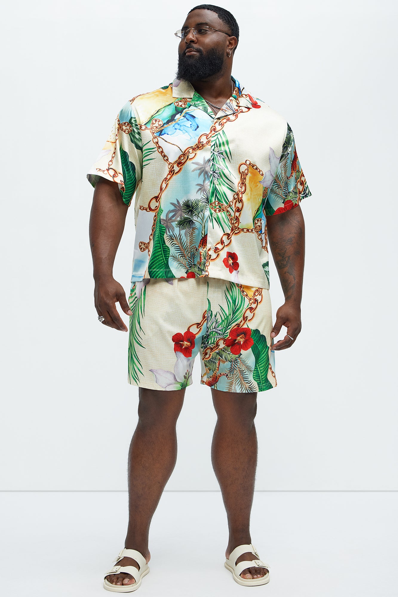 Palms And Chains Printed Cuban Collar Shirt - Multi Color - Image 6