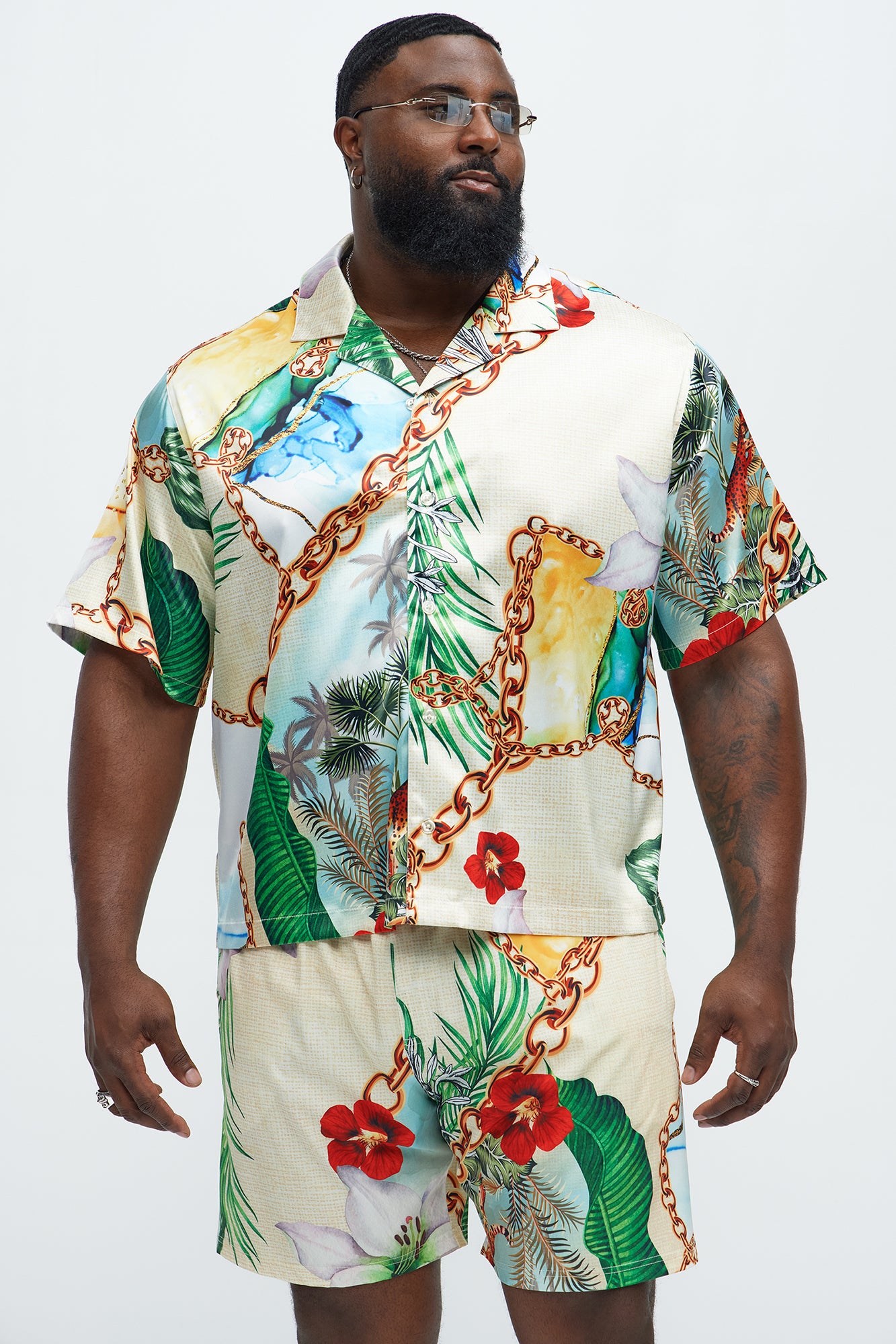 Palms And Chains Printed Cuban Collar Shirt - Multi Color - Image 5