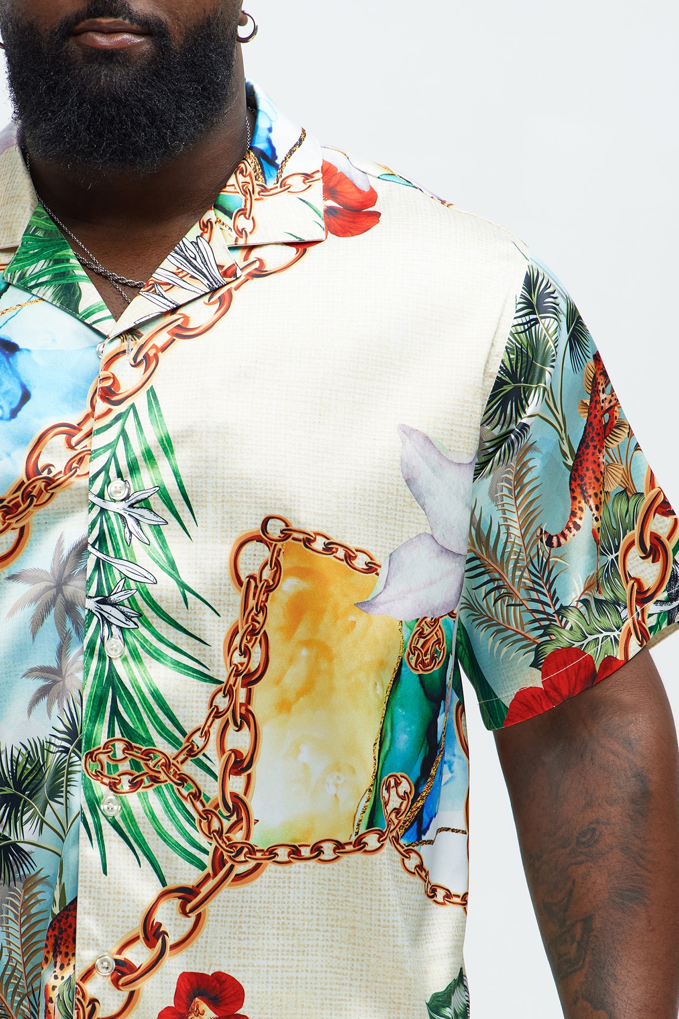 Palms And Chains Printed Cuban Collar Shirt - Multi Color - Image 7