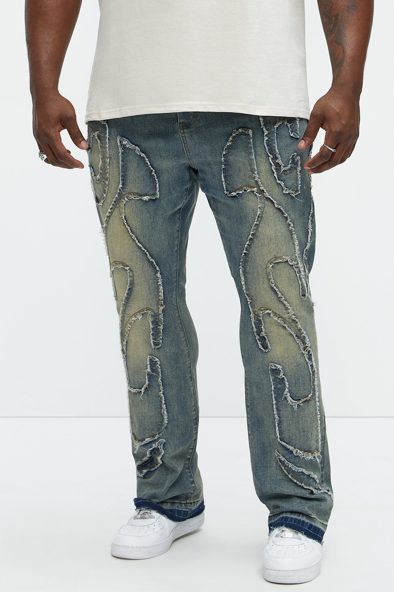 Flame Frayed Patch Stacked Skinny Flare Jeans - Vintage Blue Wash - Image 6