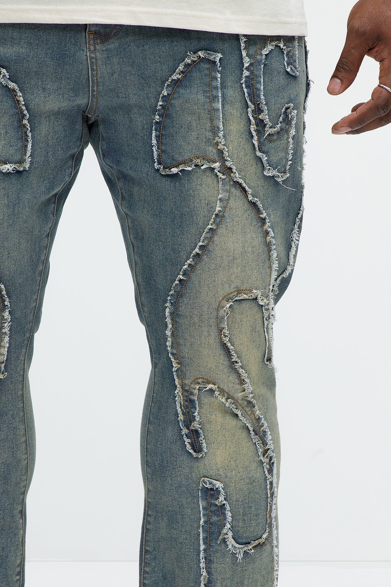 Flame Frayed Patch Stacked Skinny Flare Jeans - Vintage Blue Wash - Image 8
