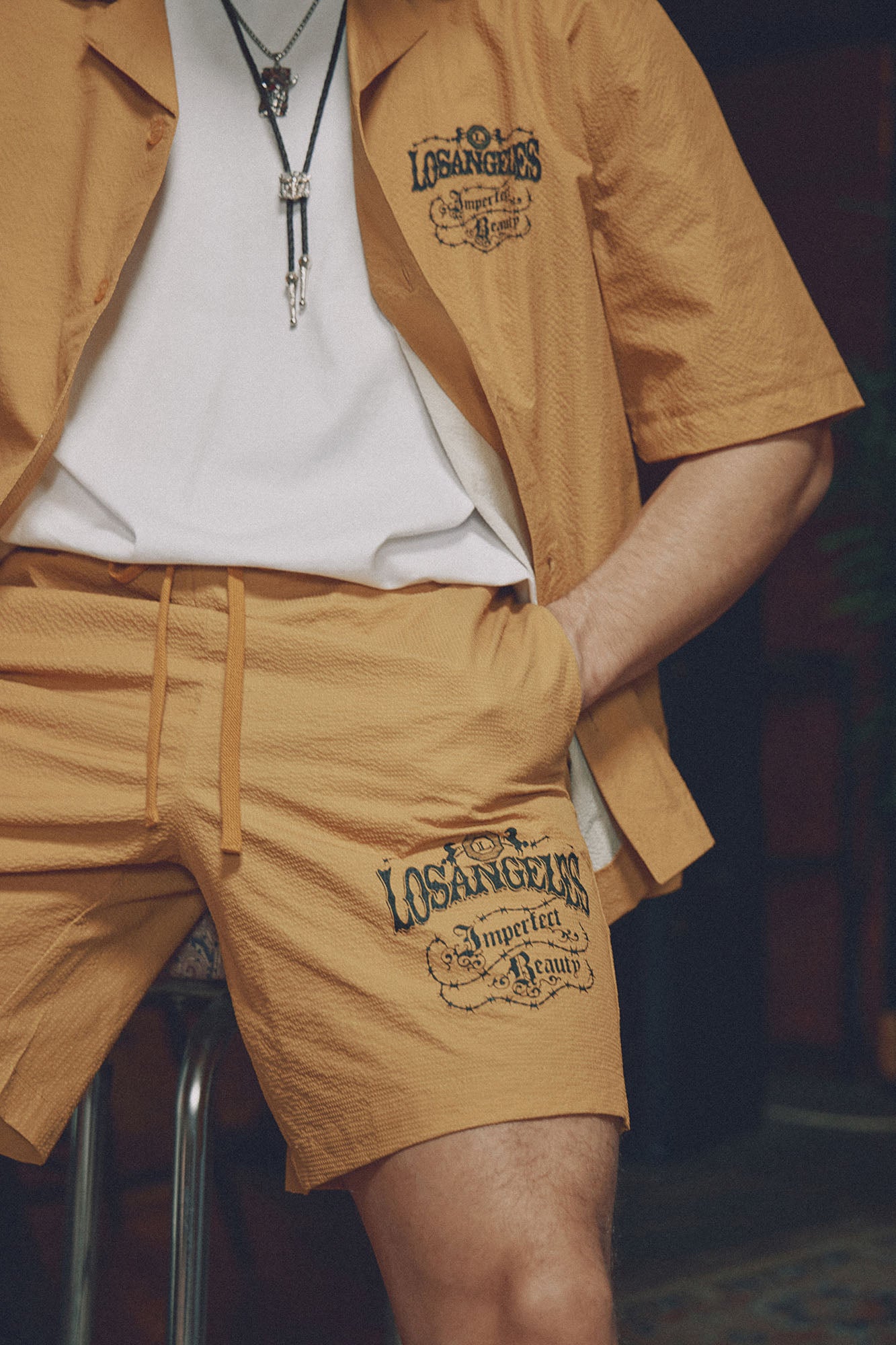 Waffle Crinkled Cuban Collar Shirt - Yellow - Image 5