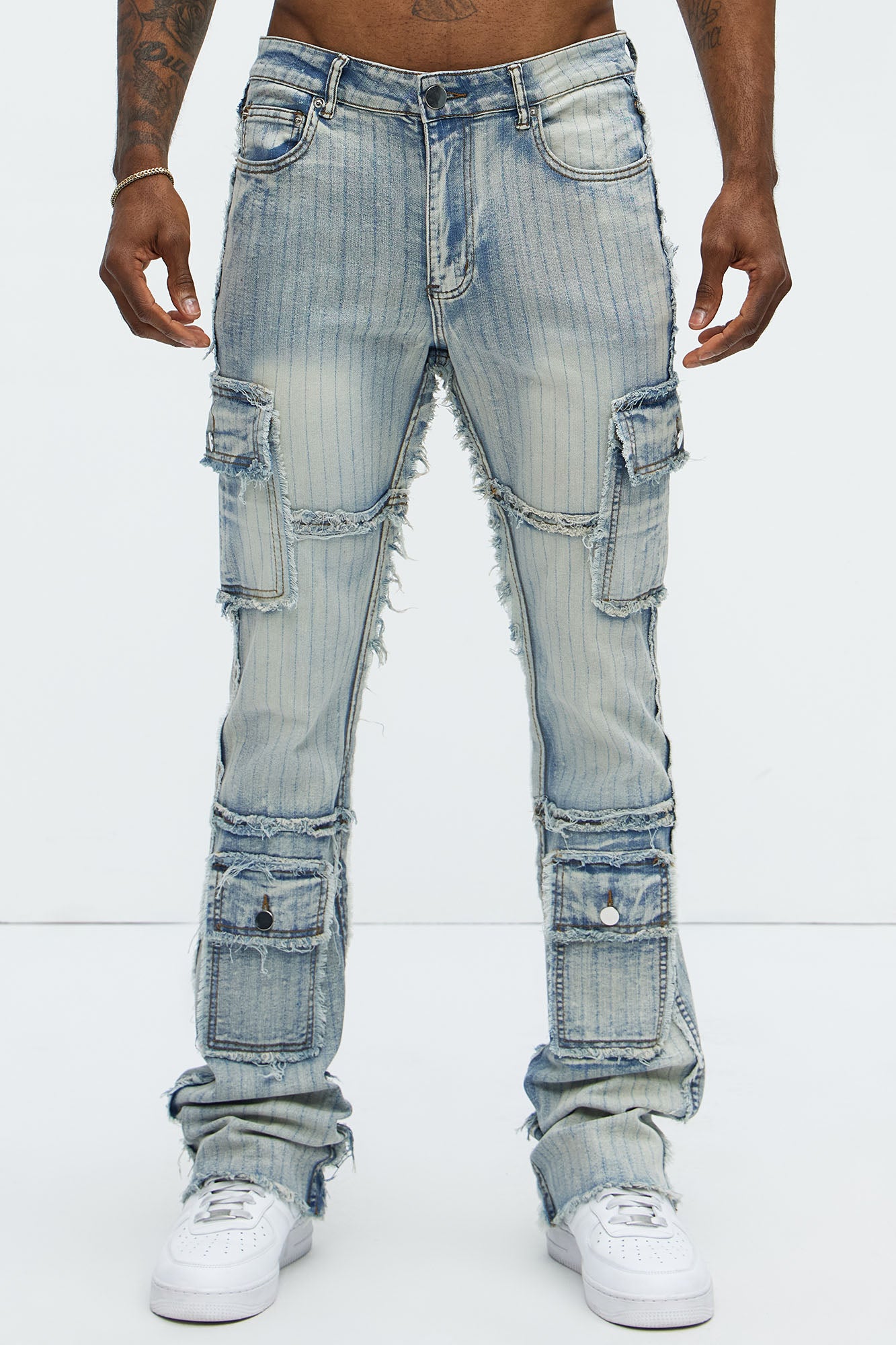 Stitched Down Cargo Stacked Skinny Flare Jeans - Light Wash - Image 3
