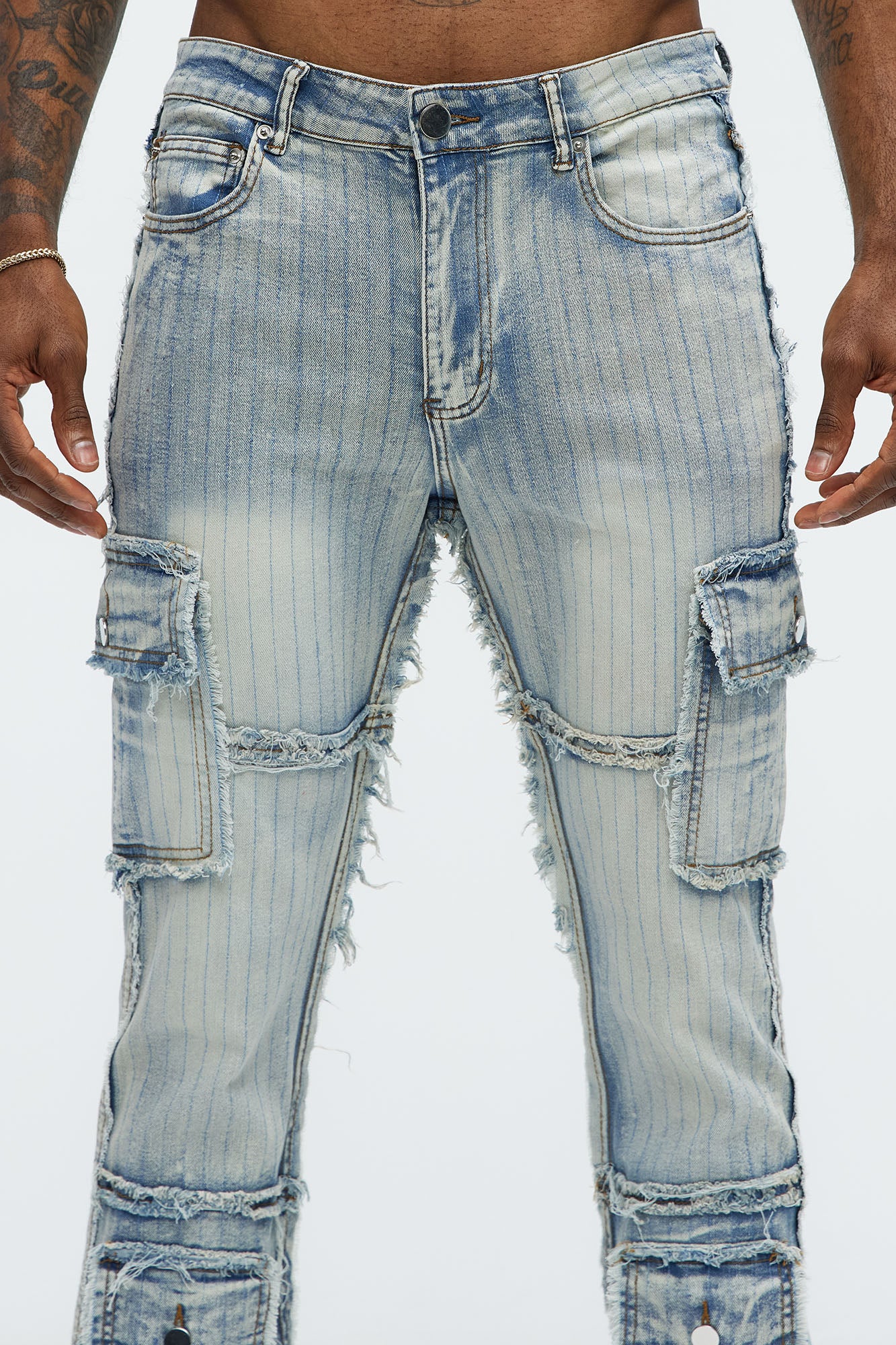 Stitched Down Cargo Stacked Skinny Flare Jeans - Light Wash - Image 4