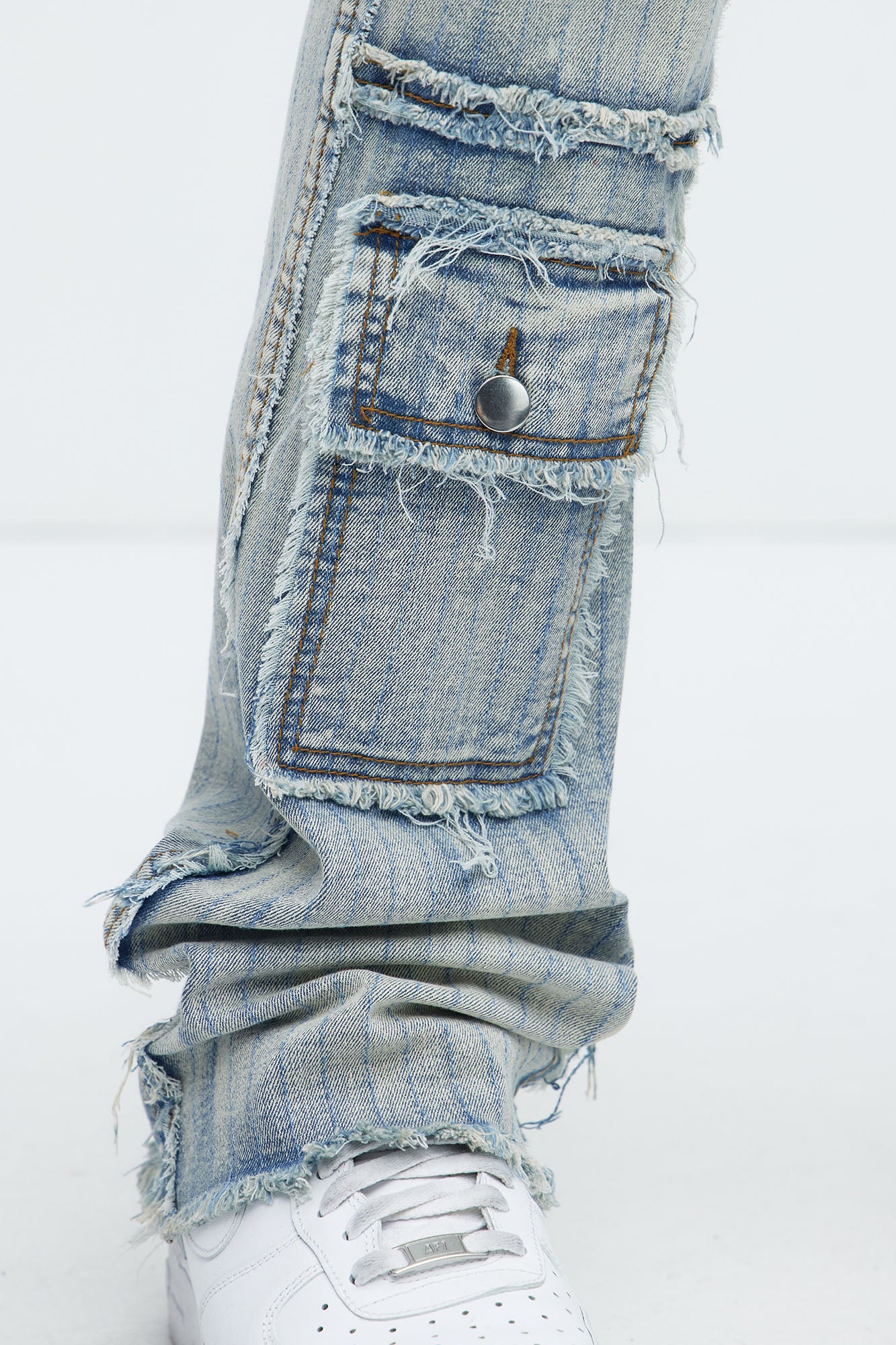 Stitched Down Cargo Stacked Skinny Flare Jeans - Light Wash - Image 5