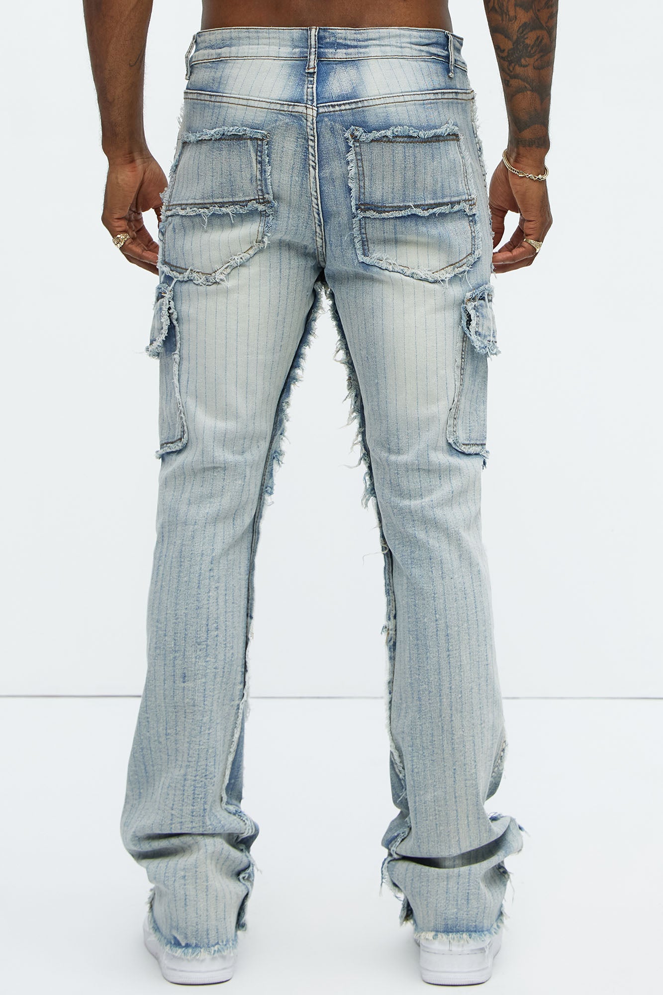 Stitched Down Cargo Stacked Skinny Flare Jeans - Light Wash - Image 7