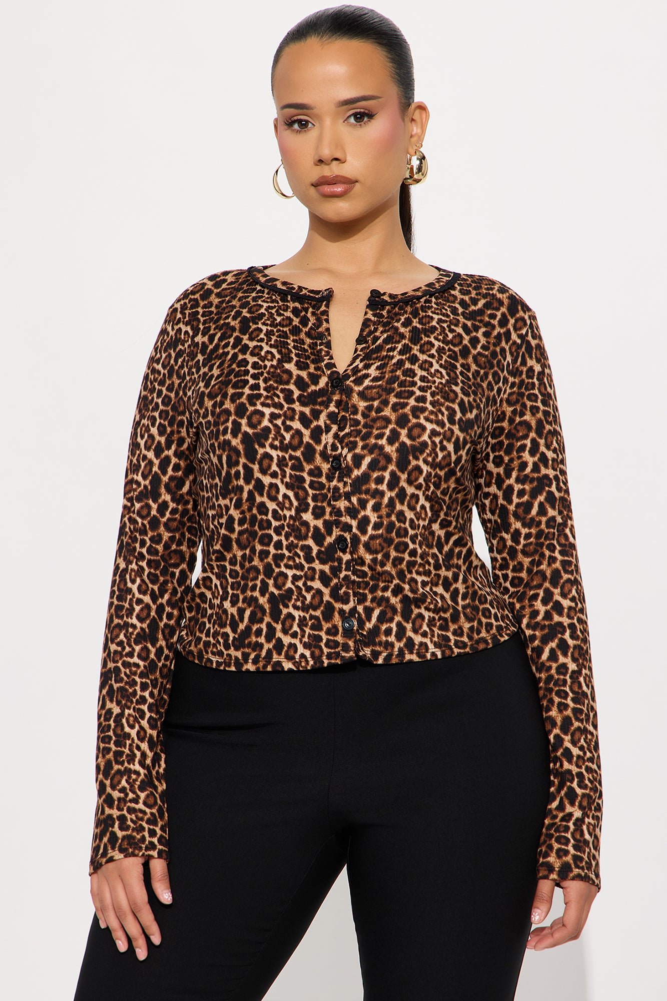 Wildcat Ribbed Long Sleeve Button Up Top - Leopard - Image 5