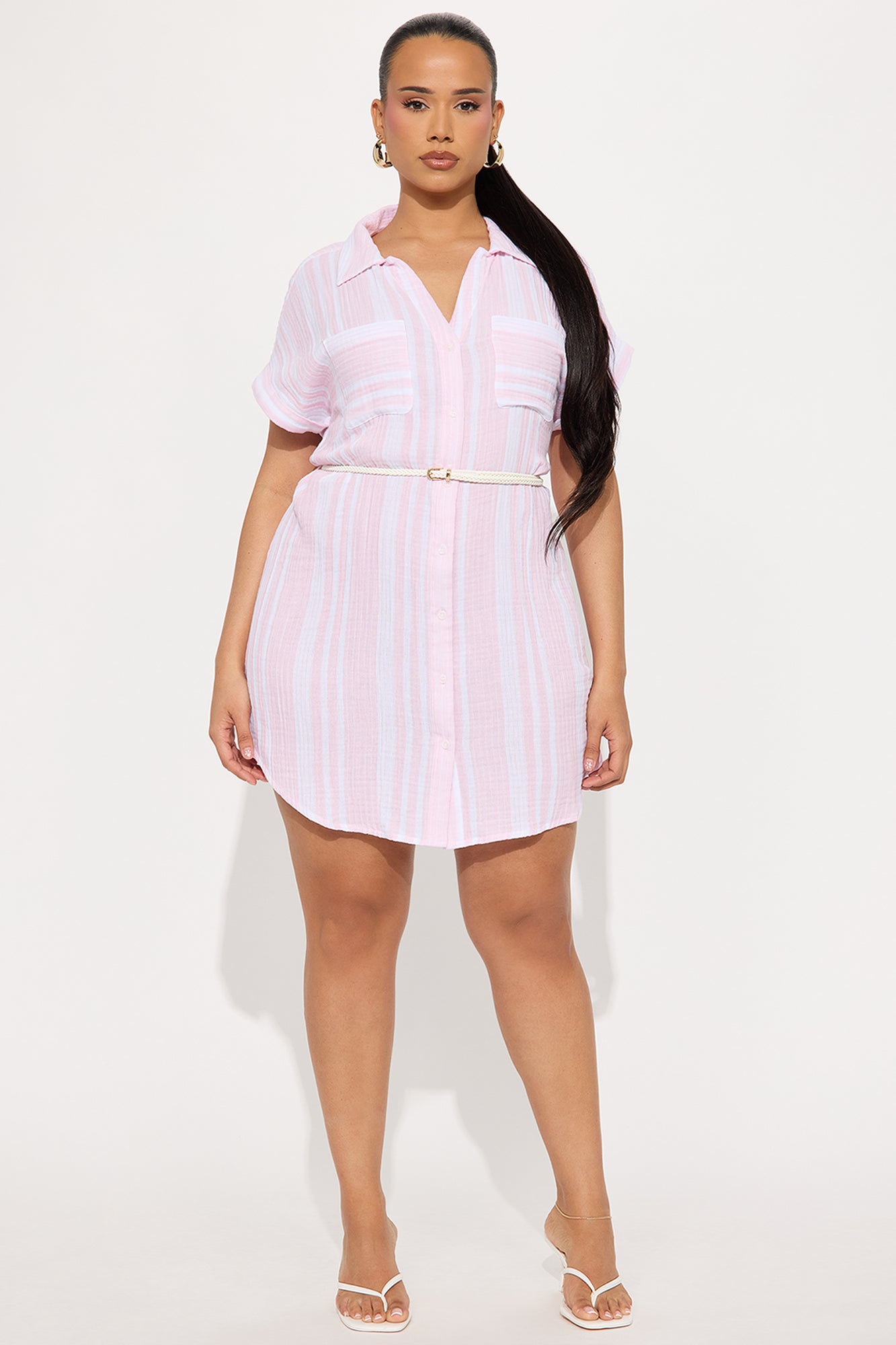 Shanice Striped Belted Mini Dress - White/Pink - Image 5
