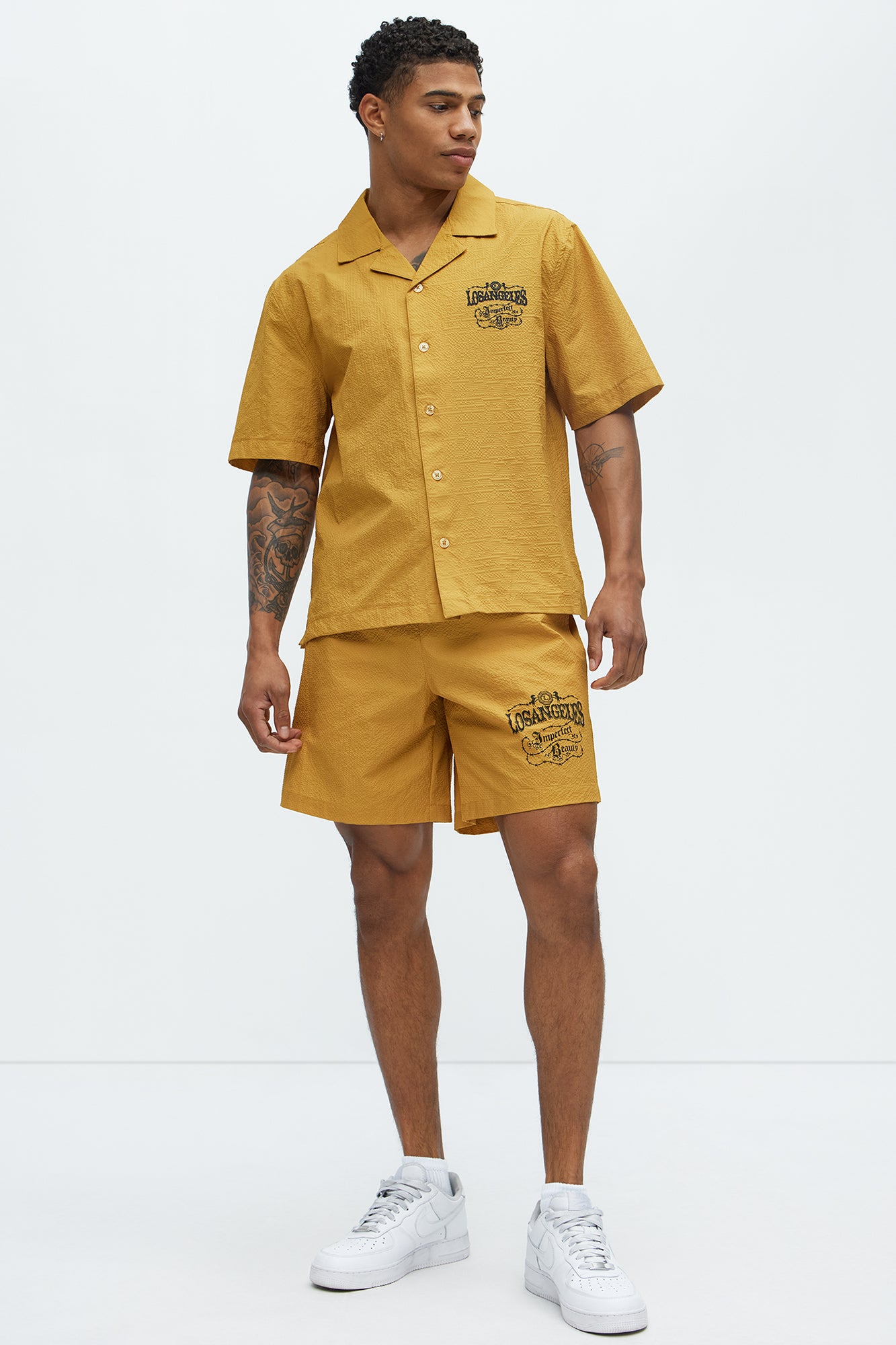 Waffle Crinkled Cuban Collar Shirt - Yellow - Image 3