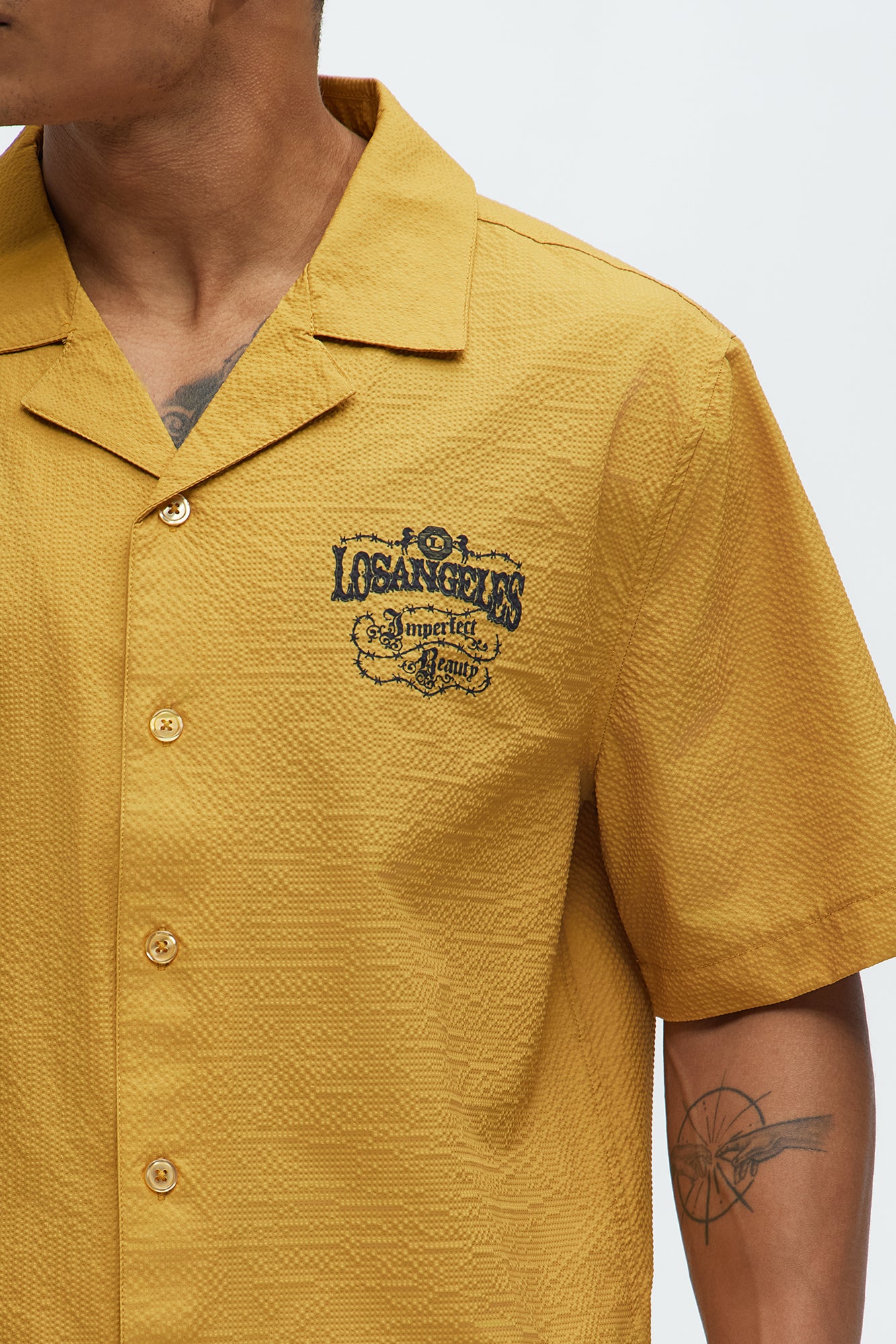 Waffle Crinkled Cuban Collar Shirt - Yellow - Image 4