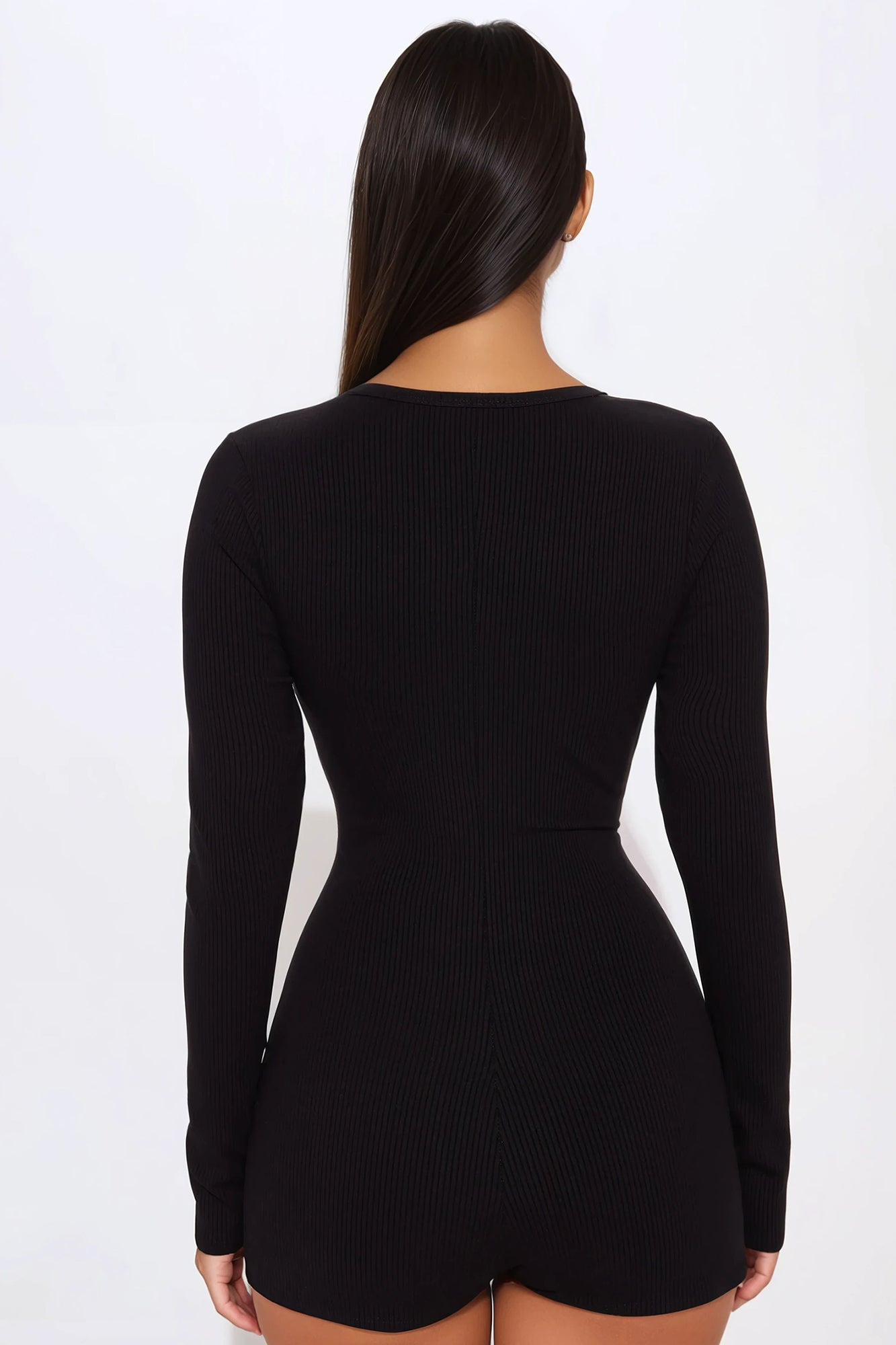Britt Ribbed Long Sleeve Micro Romper - Black - Image 3