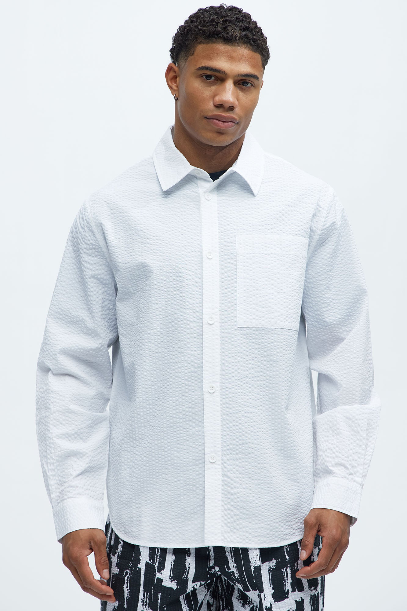 Seersucker Long Sleeve Button Up Shirt - White - Image 3
