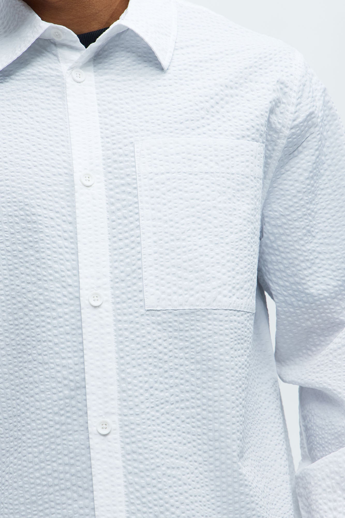 Seersucker Long Sleeve Button Up Shirt - White - Image 5