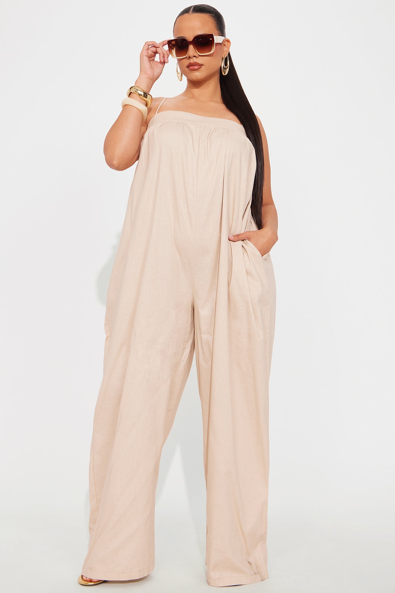Walk On The Beach Linen Jumpsuit - Beige - Image 4
