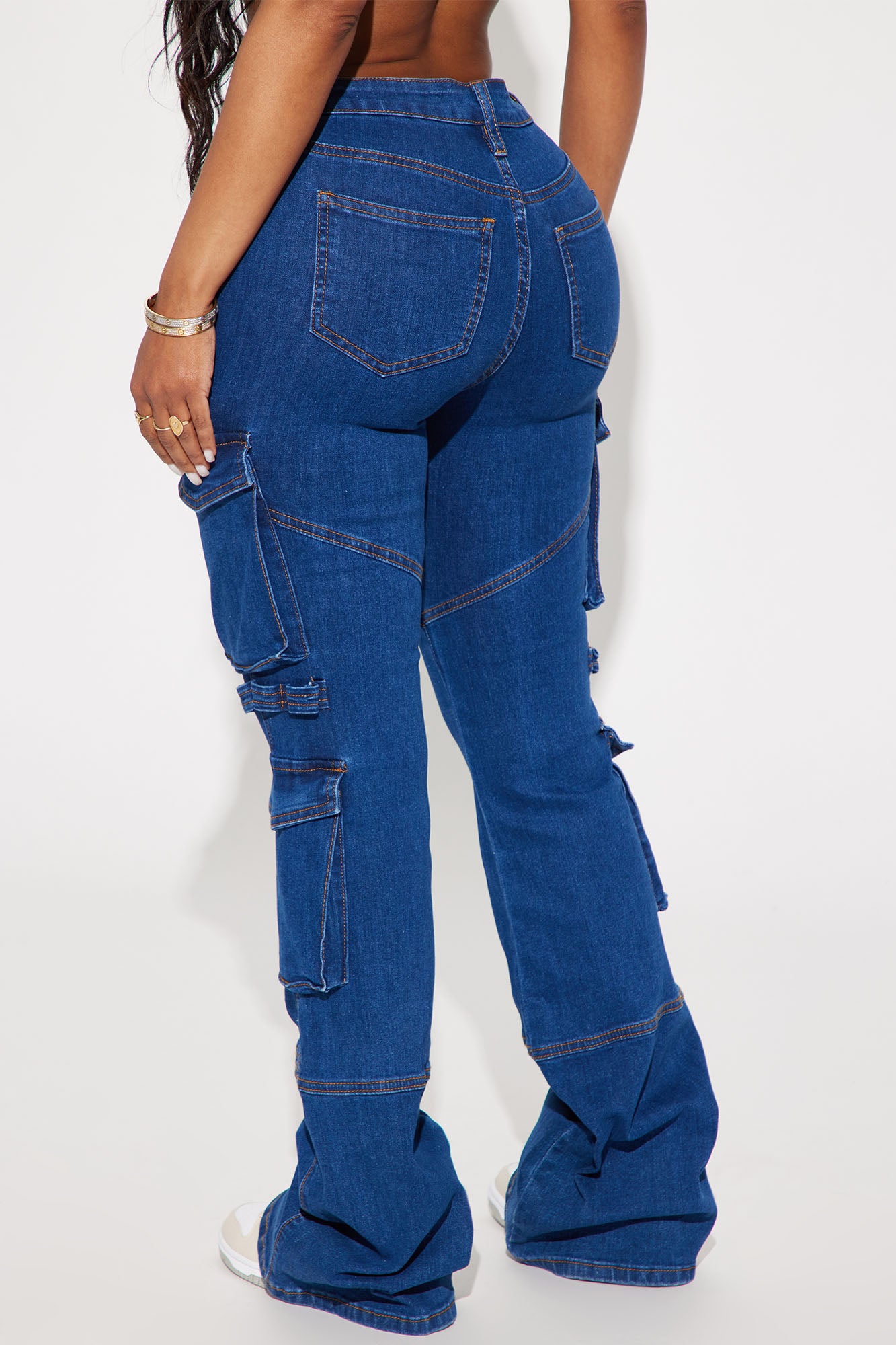 Warning You Mid Rise Stretch Flare Cargo Jean - Dark Wash - Image 3
