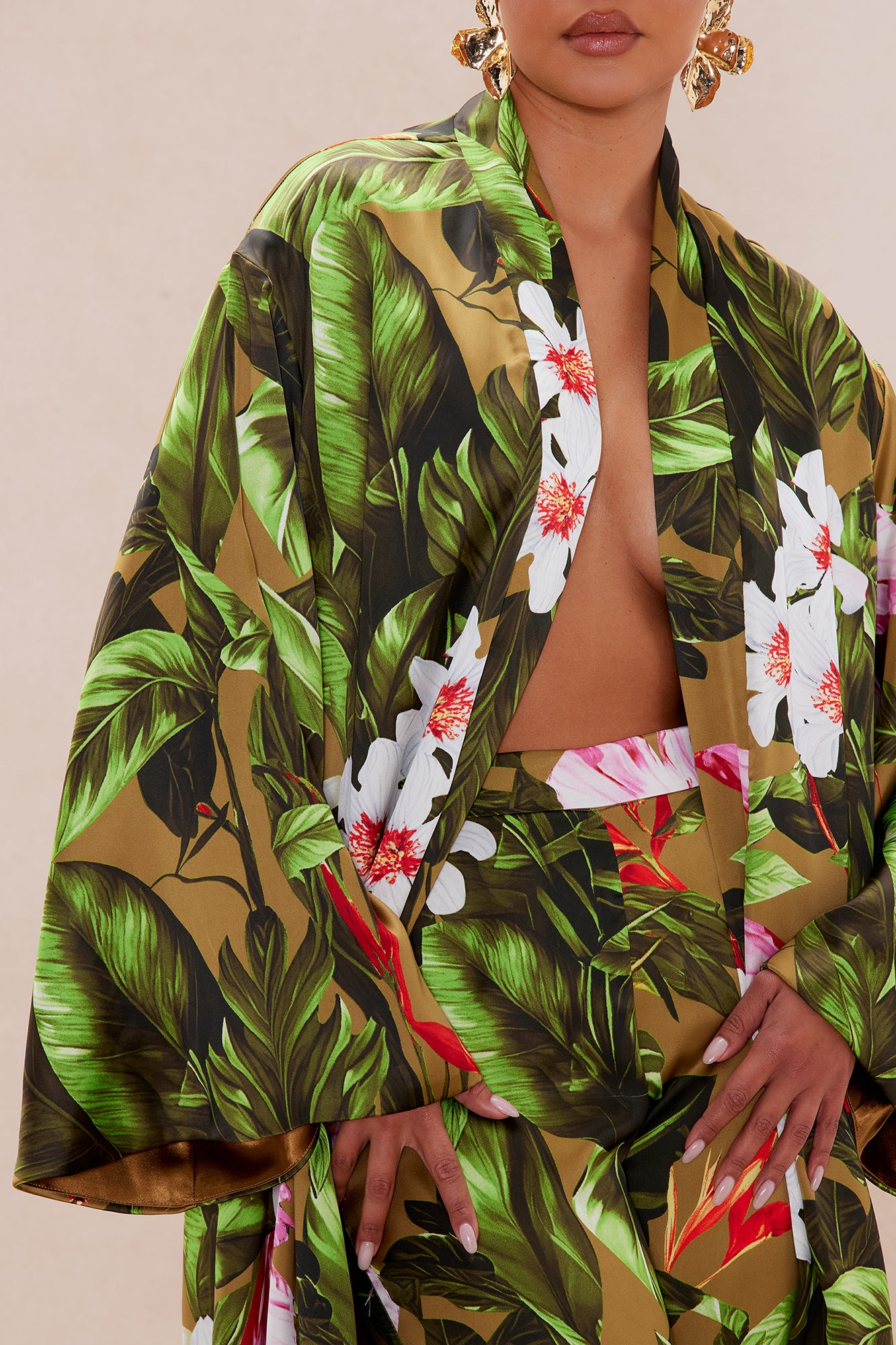 Amazonian Satin Kimono Pant Set - Green/combo - Image 3