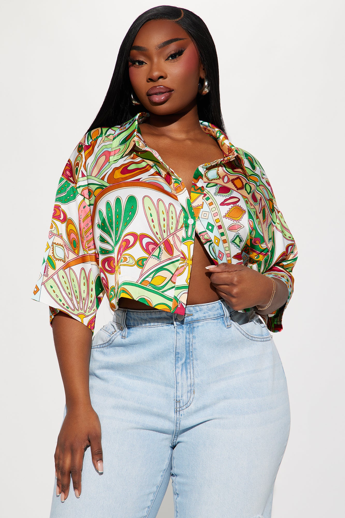 Bringing The Heat Satin Shirt - Green/combo - Image 4
