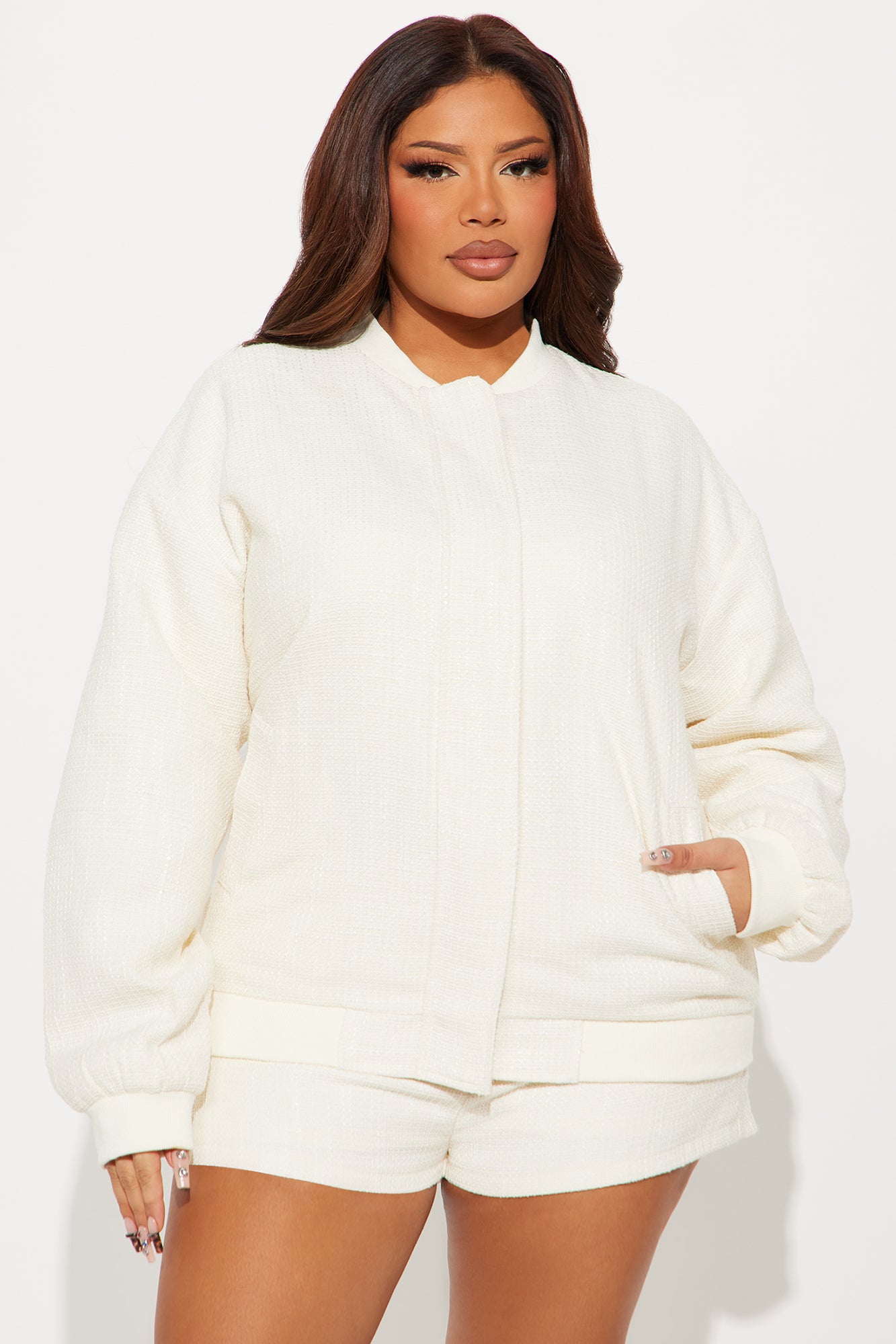 Cheryl Tweed Oversized Bomber Jacket - Cream - Image 6