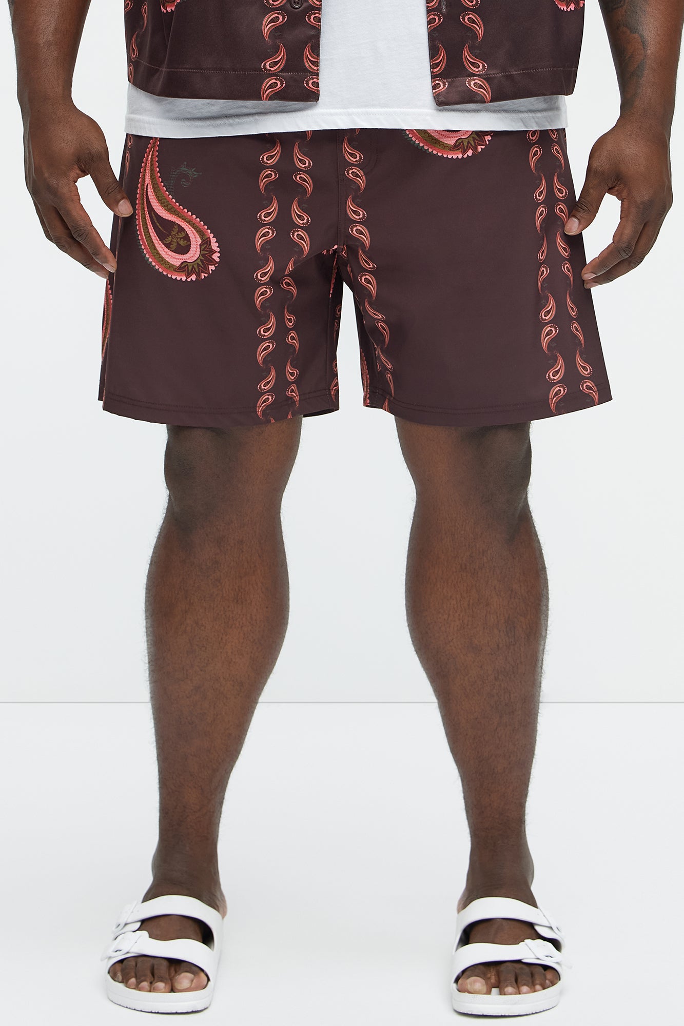 Palm Paisley Print Swim Classic Trunk - Burgundy - Image 6