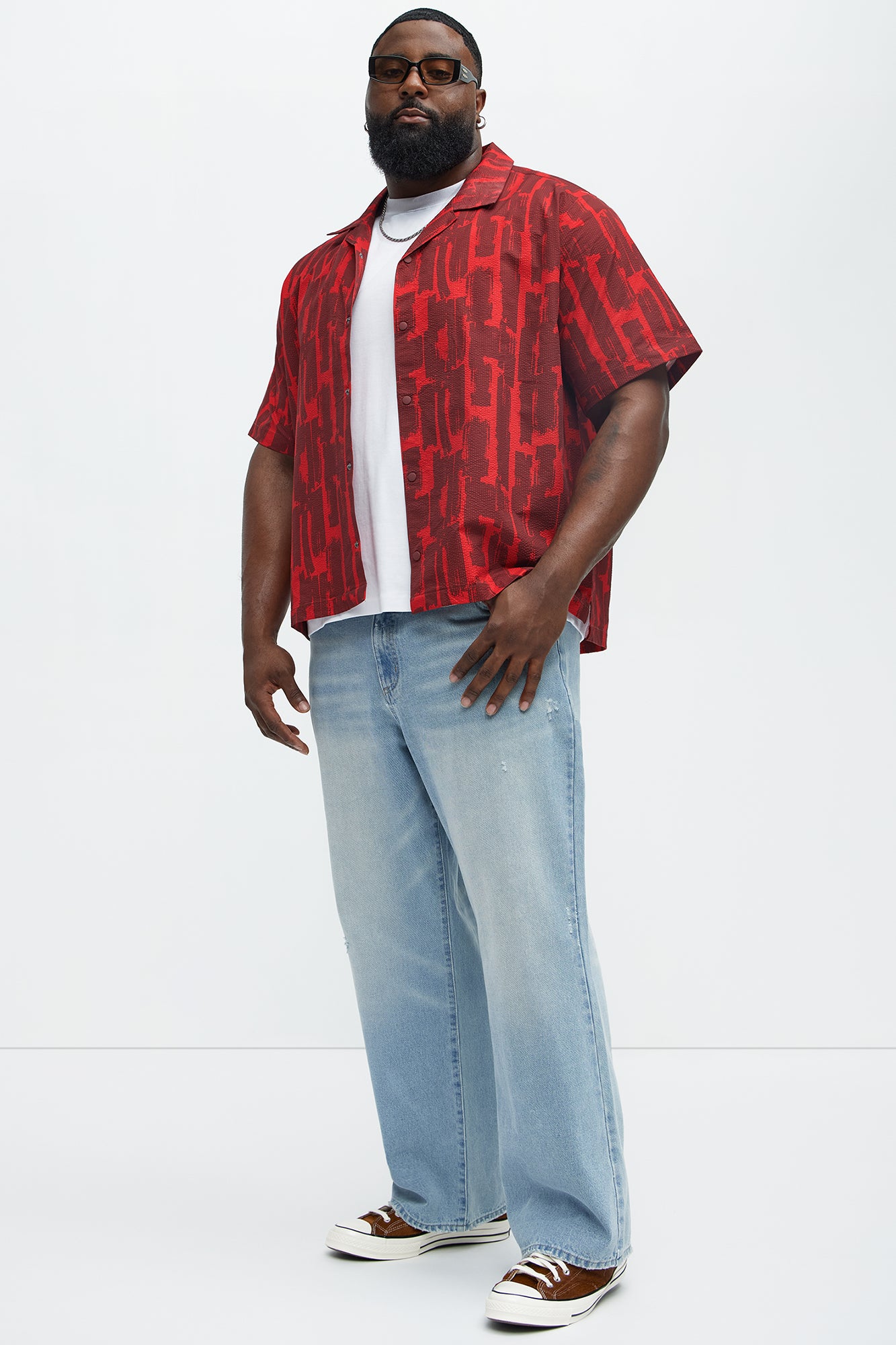 Seersucker Printed Short Sleeve Cuban Collar Shirt - Red/combo - Image 7