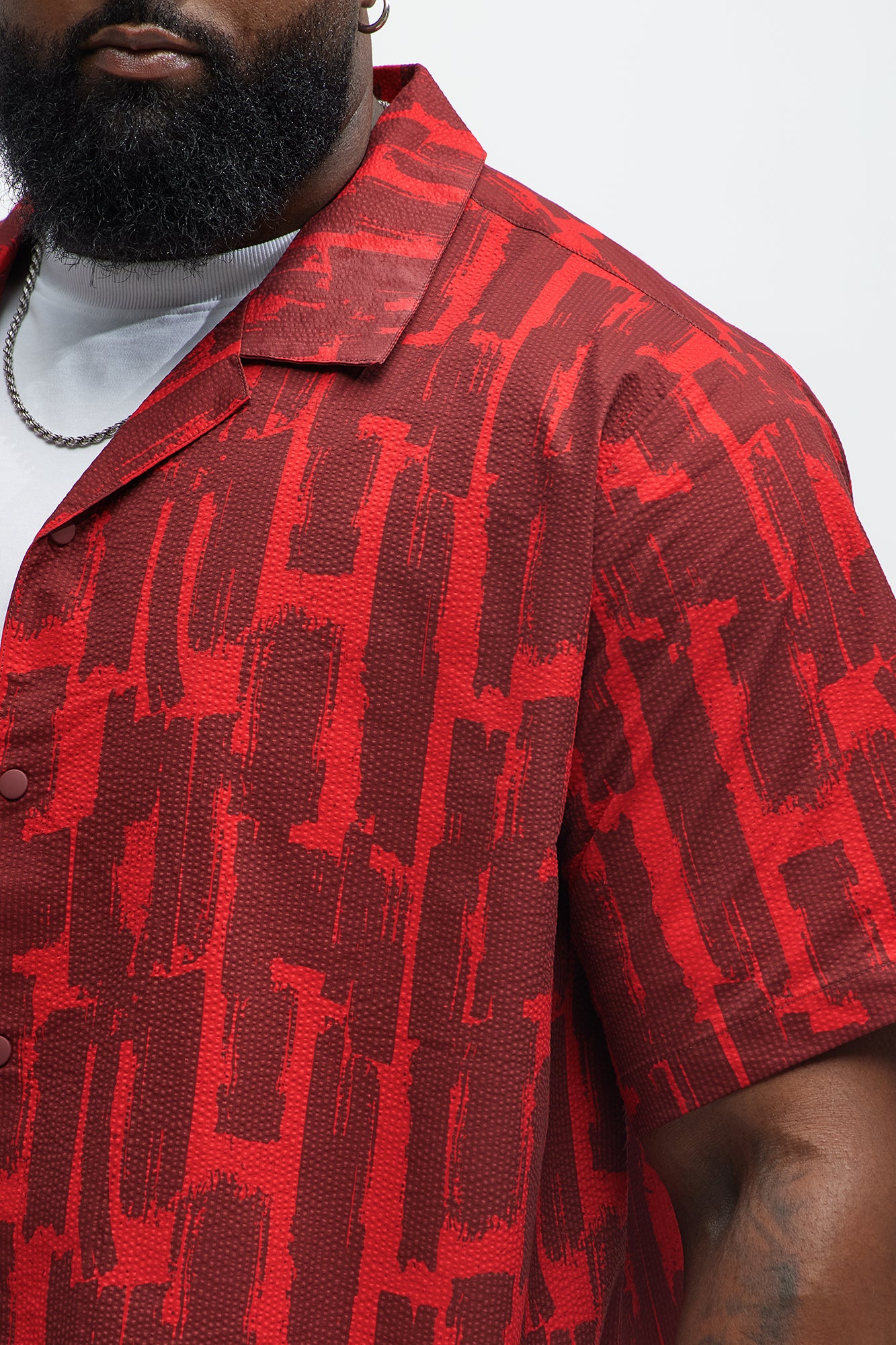 Seersucker Printed Short Sleeve Cuban Collar Shirt - Red/combo - Image 8