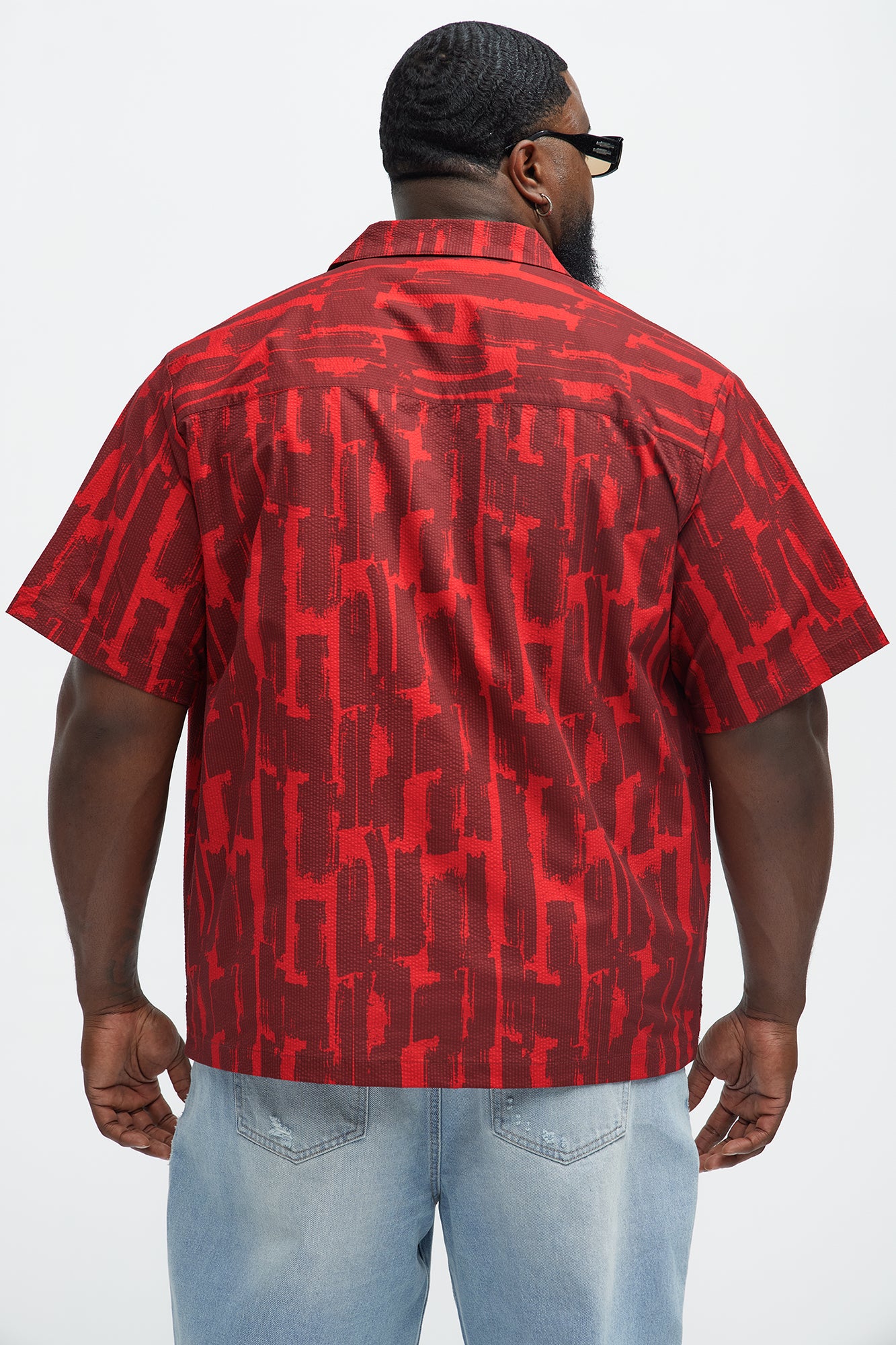 Seersucker Printed Short Sleeve Cuban Collar Shirt - Red/combo - Image 9