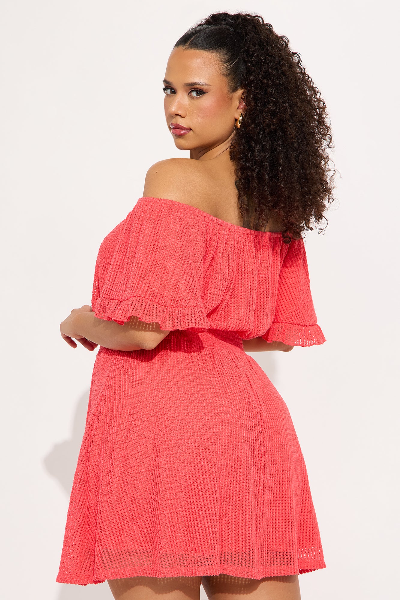 Brenda Off Shoulder Mini Dress - Coral - Image 6