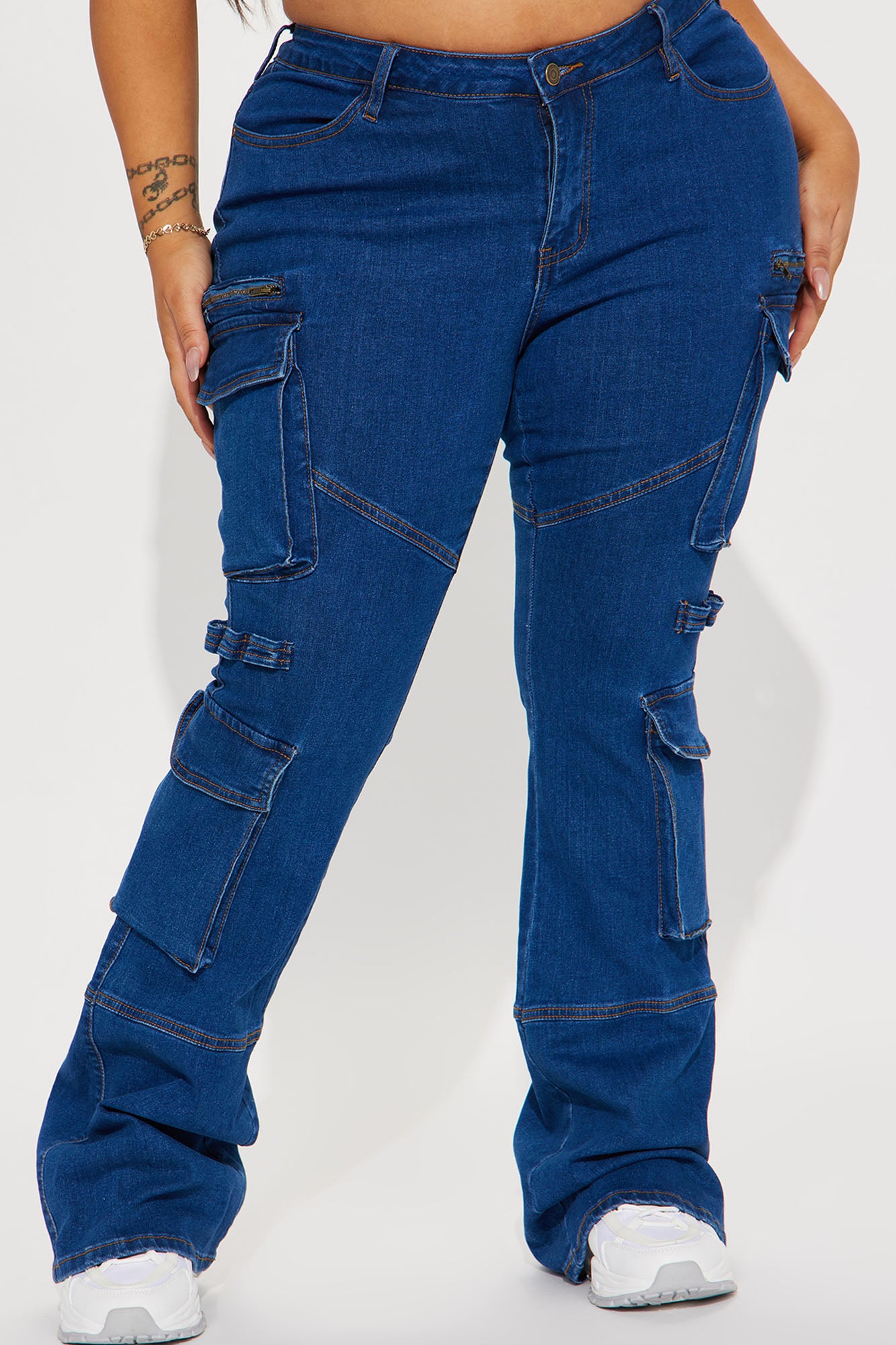 Warning You Mid Rise Stretch Flare Cargo Jean - Dark Wash - Image 4