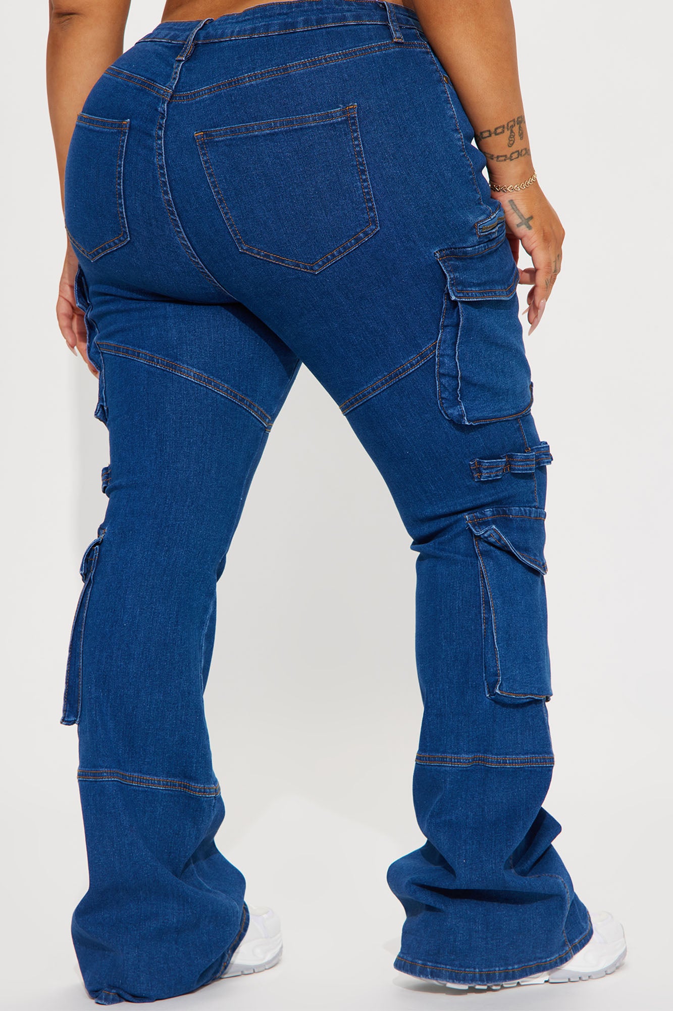 Warning You Mid Rise Stretch Flare Cargo Jean - Dark Wash - Image 6