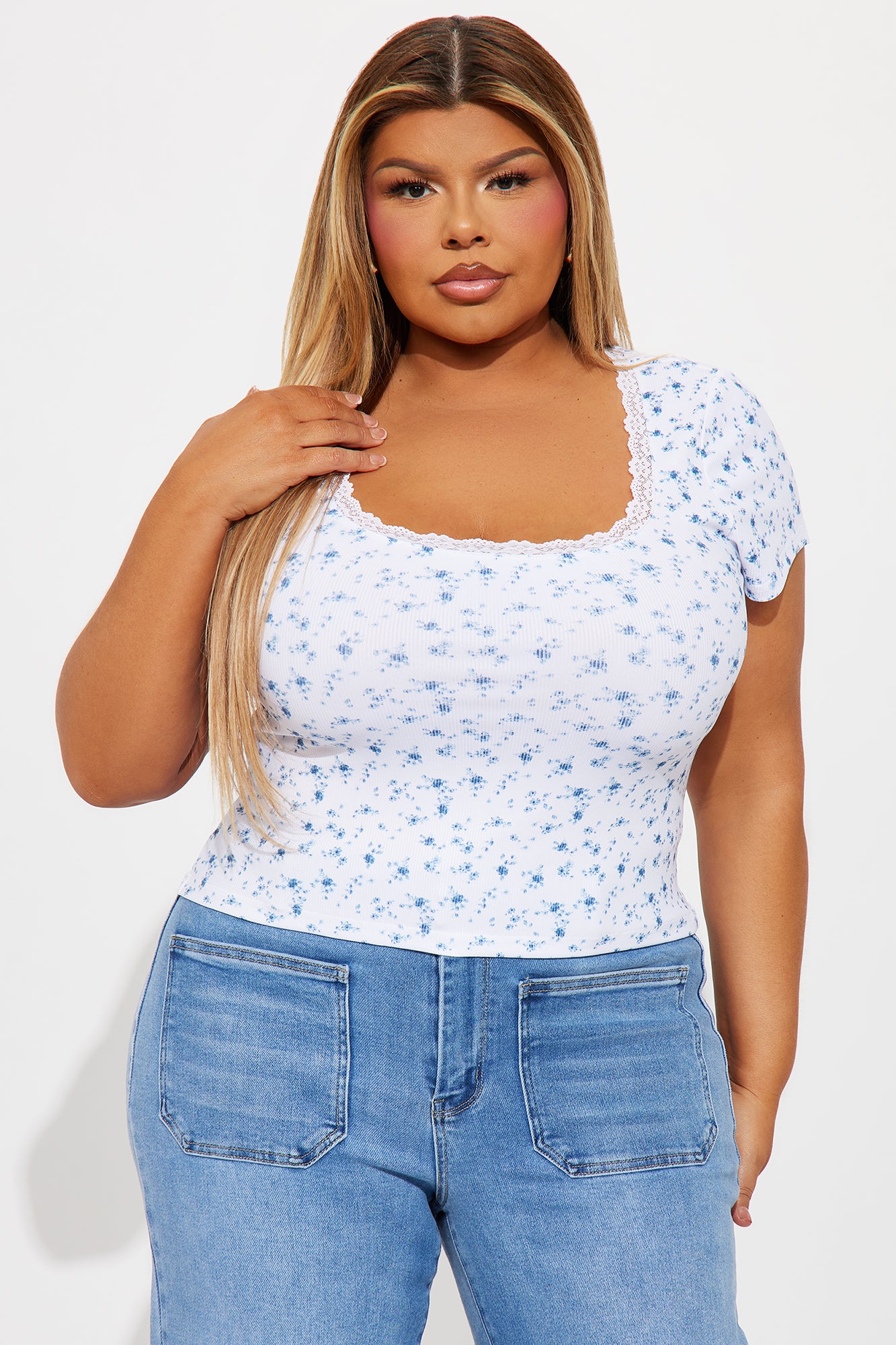 Thea Floral Baby Tee - White/Blue - Image 4