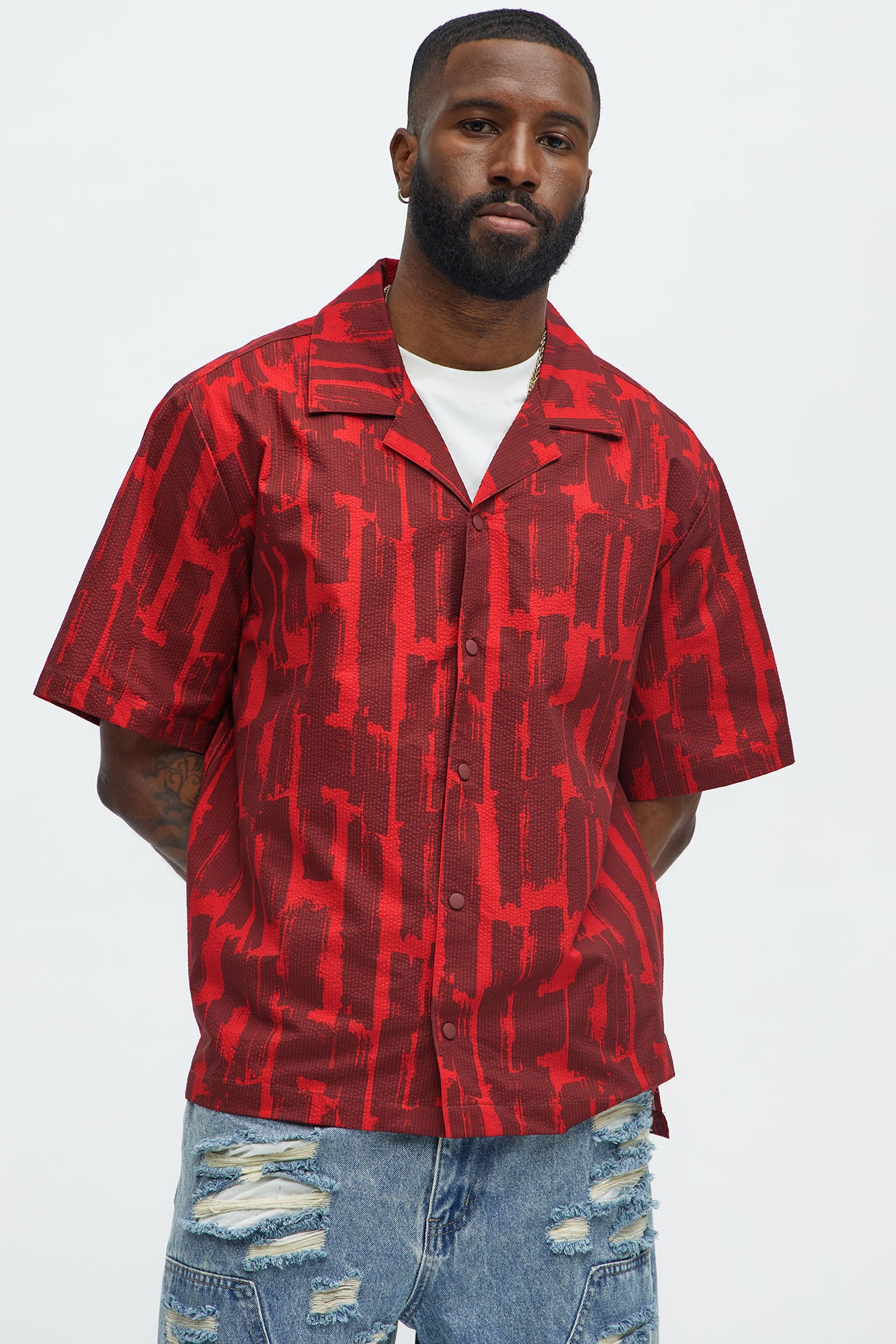 Seersucker Printed Short Sleeve Cuban Collar Shirt - Red/combo - Image 3