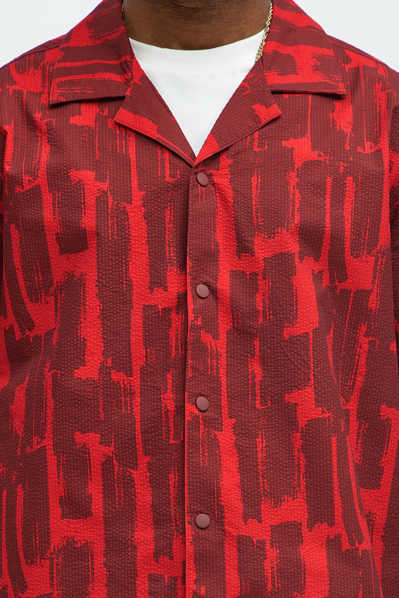 Seersucker Printed Short Sleeve Cuban Collar Shirt - Red/combo - Image 4