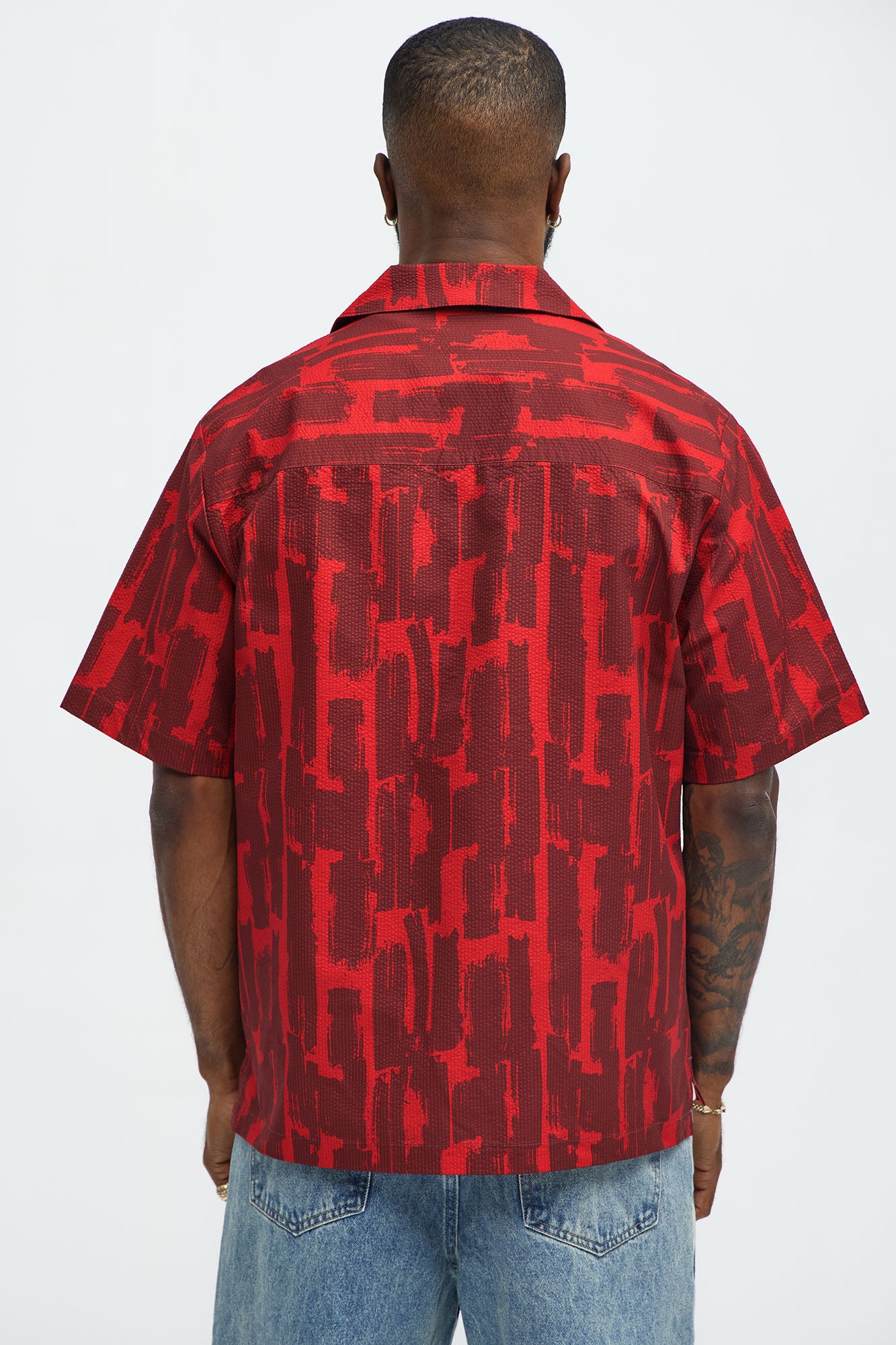 Seersucker Printed Short Sleeve Cuban Collar Shirt - Red/combo - Image 5