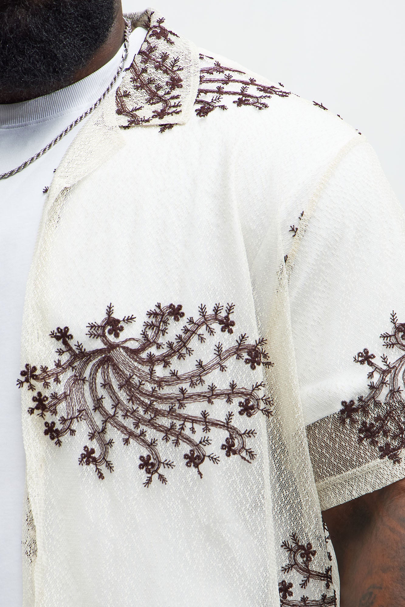 Plant Embroidered Cuban Mesh Shirt - Cream - Image 9