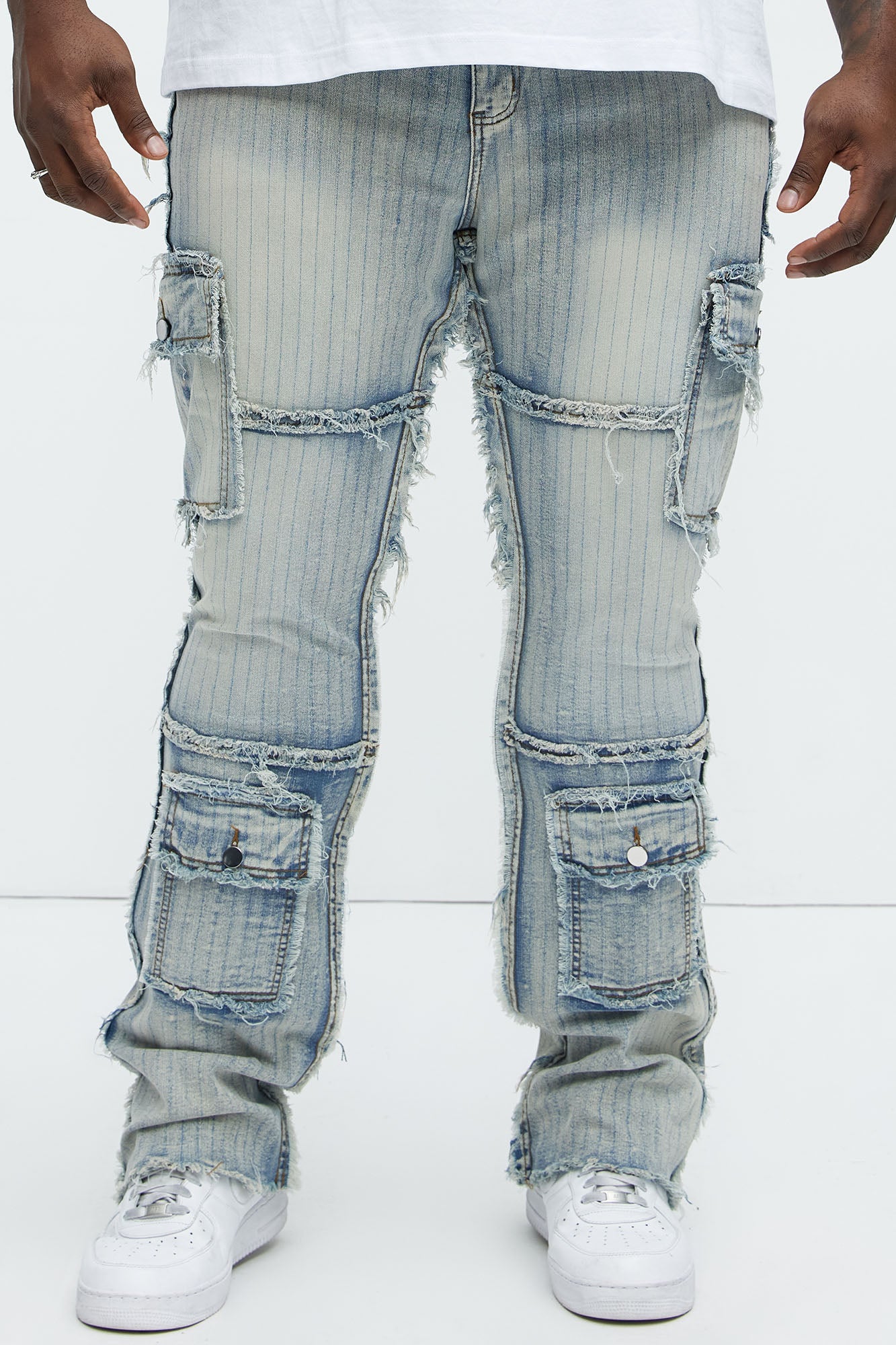 Stitched Down Cargo Stacked Skinny Flare Jeans - Light Wash - Image 8