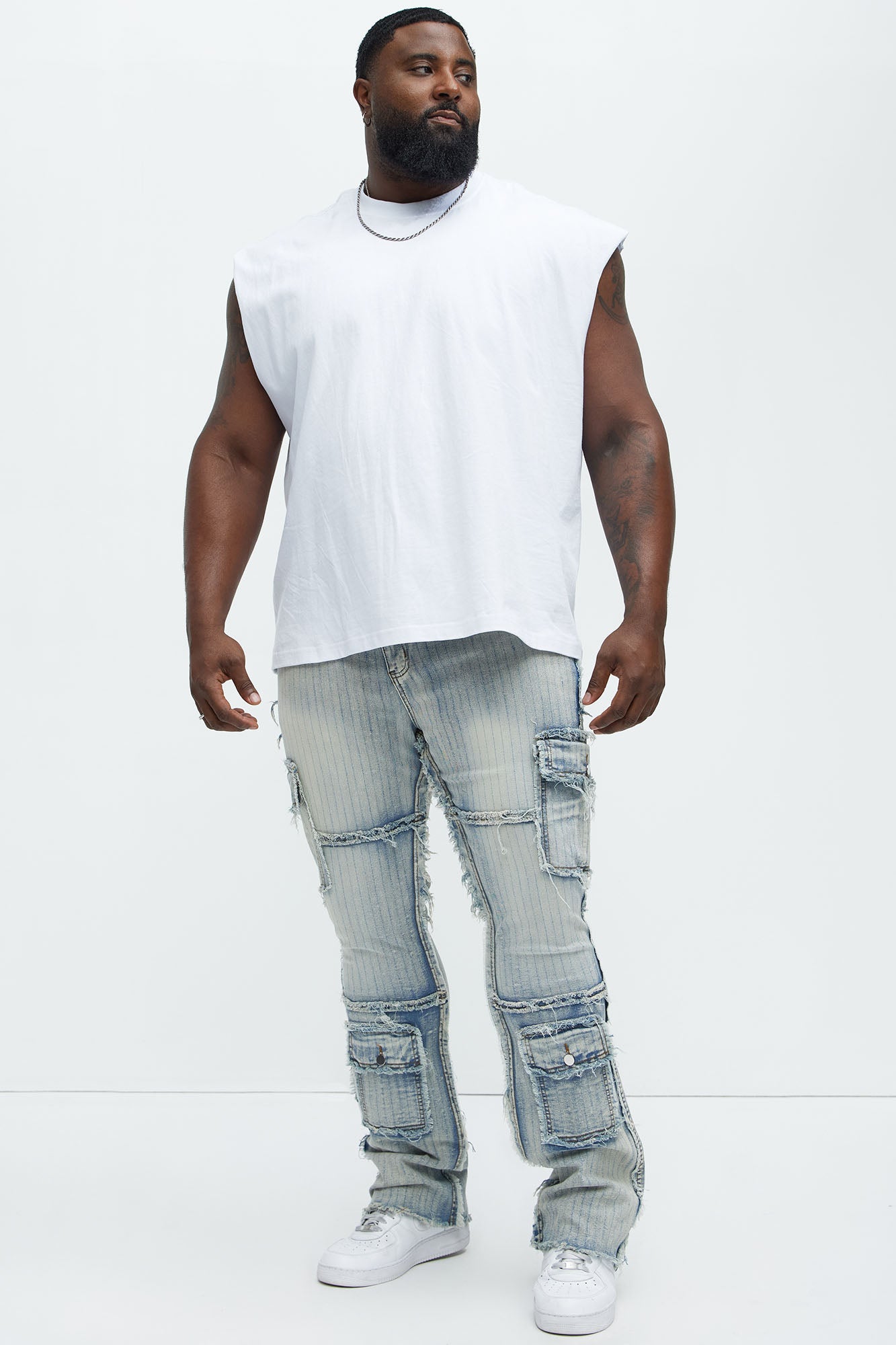 Stitched Down Cargo Stacked Skinny Flare Jeans - Light Wash - Image 9